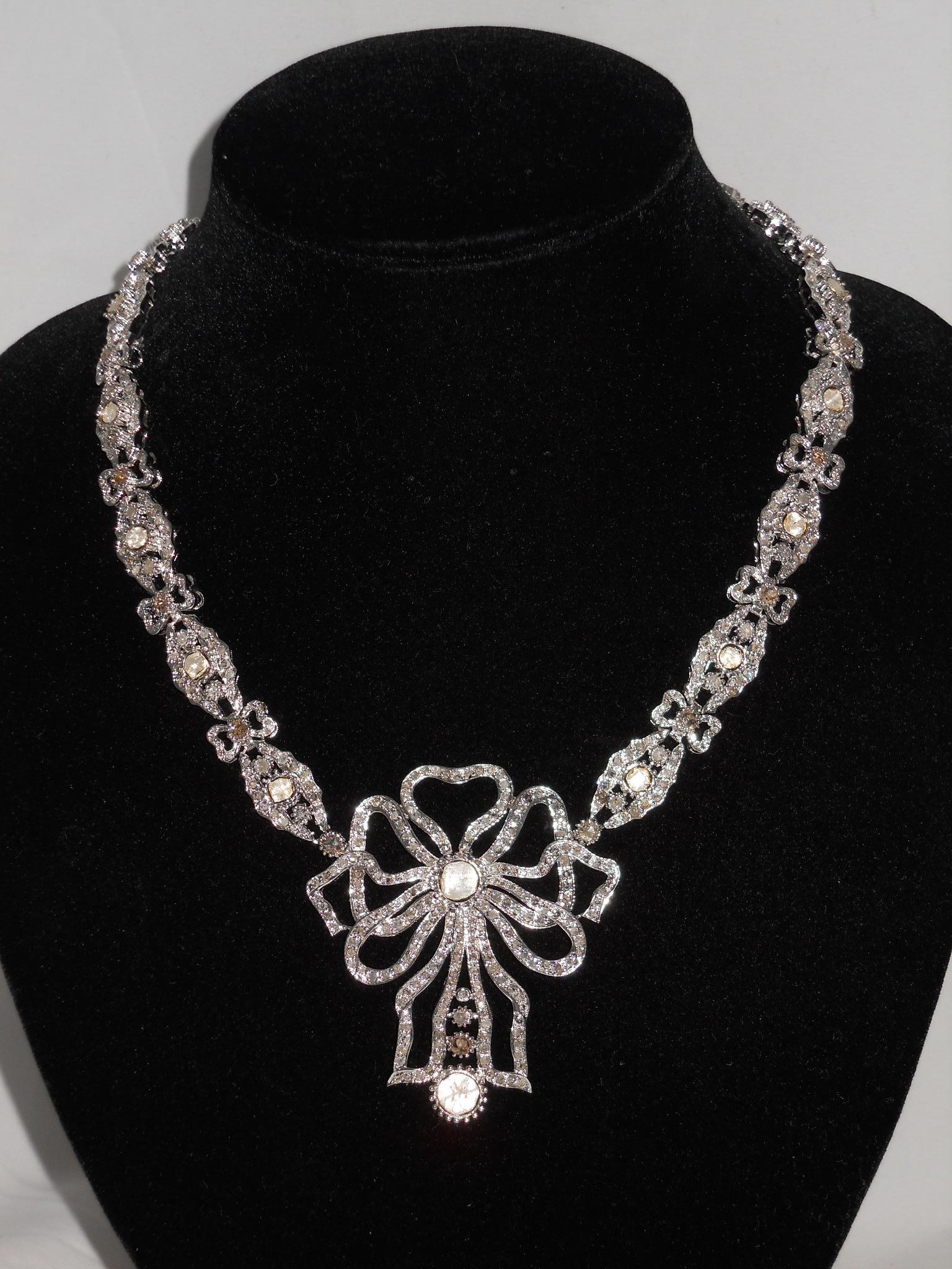 Certified Natural Uncut rose cut Diamonds 18K white gold ribbon bow necklace For Sale 3