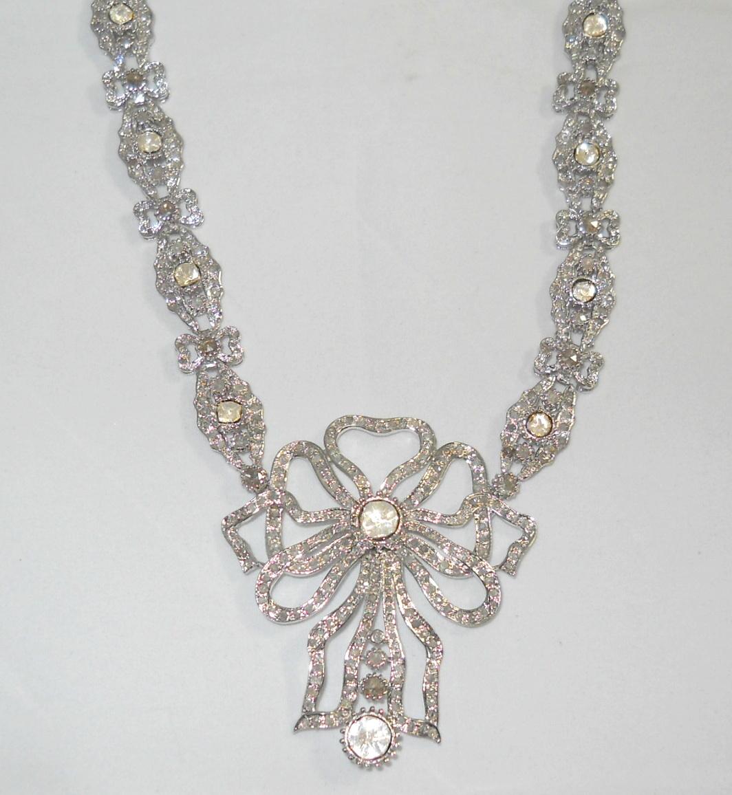 Certified Natural Uncut rose cut Diamonds Sterling silver ribbon bow necklace For Sale 5