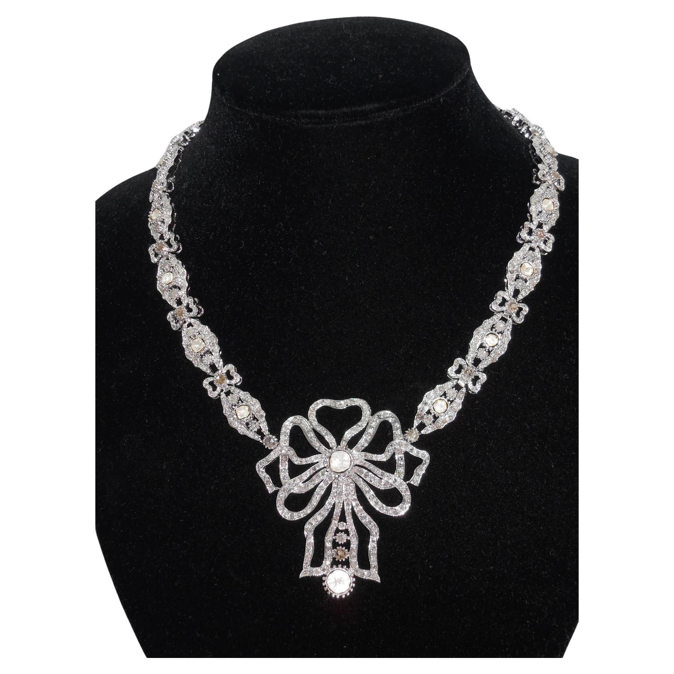 Art Nouveau Certified Natural Uncut rose cut Diamonds Sterling silver ribbon bow necklace For Sale