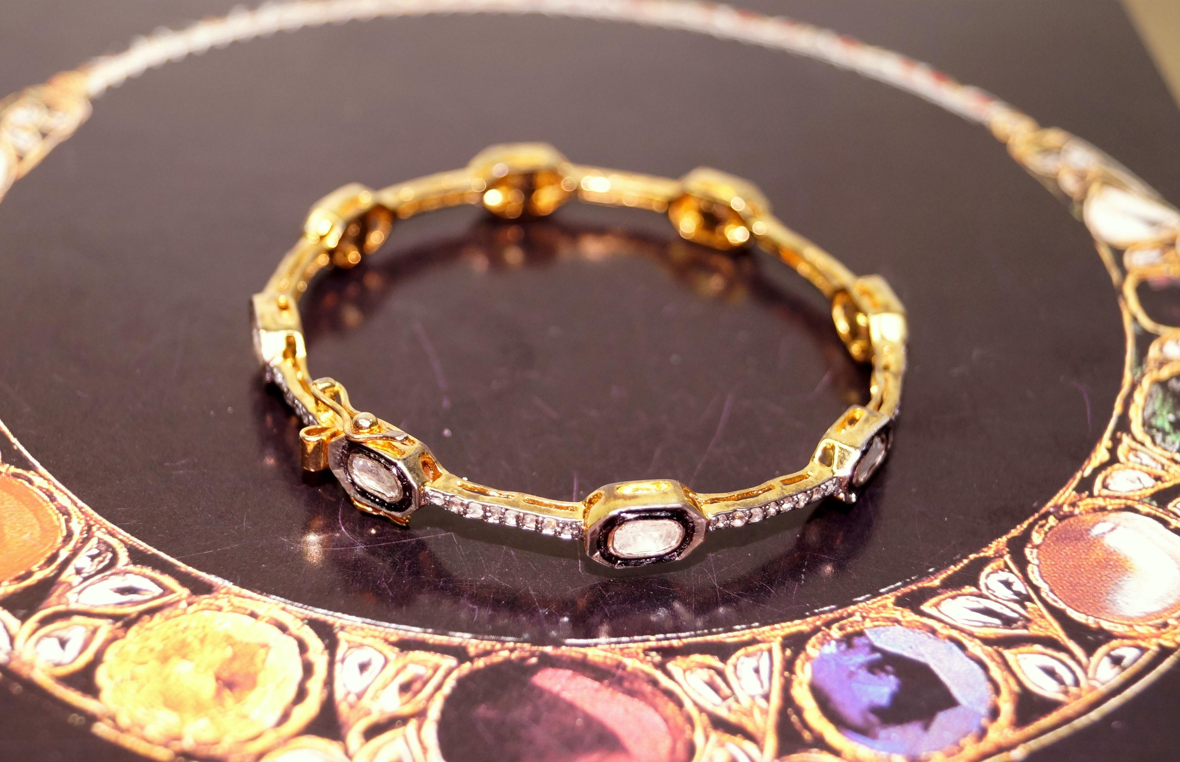 Art Nouveau Certified natural uncut rose cut Diamonds yellow gold plated silver bracelet For Sale