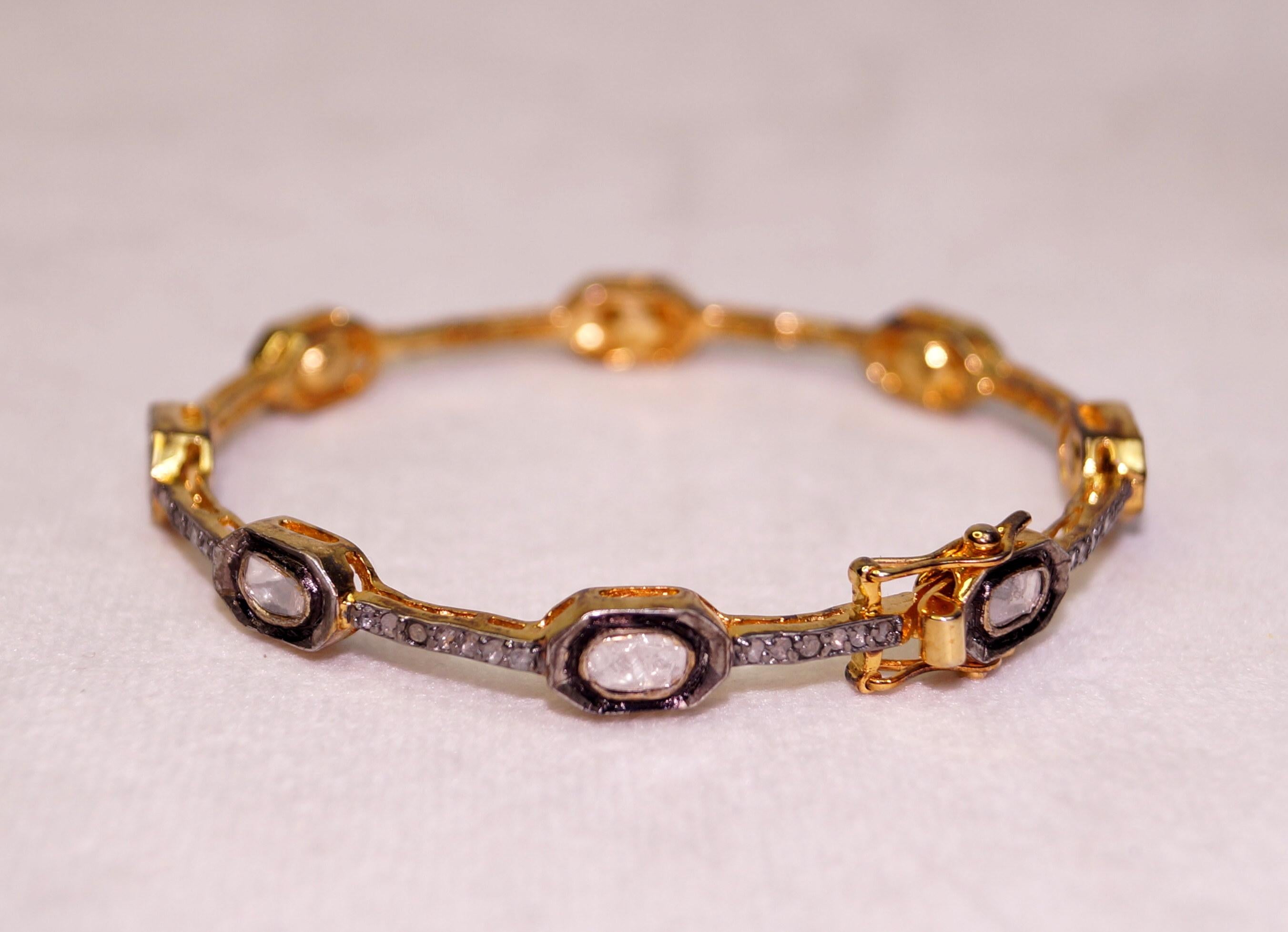 Certified natural uncut rose cut Diamonds yellow gold plated silver bracelet In New Condition For Sale In Delhi, DL