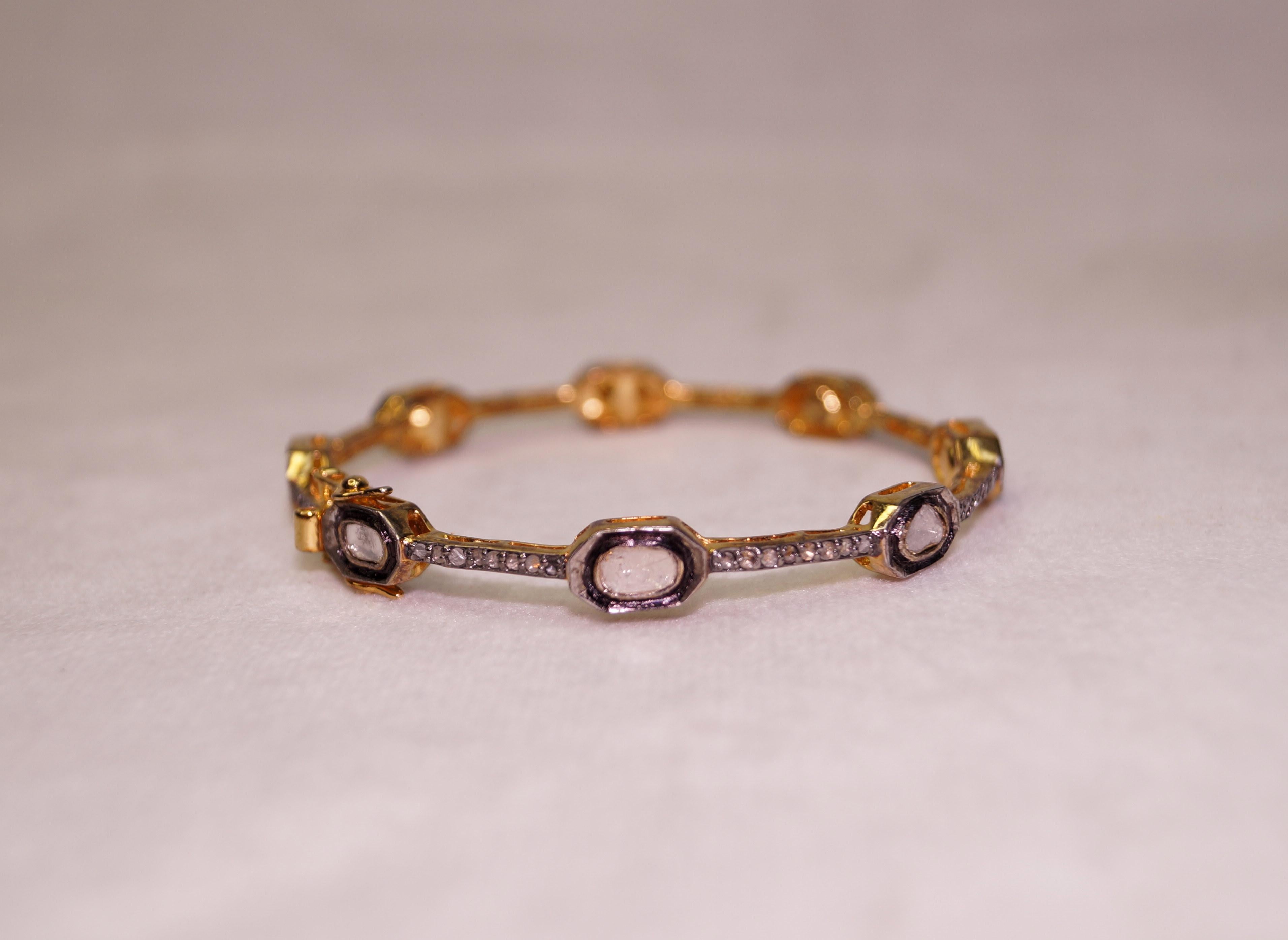 Women's or Men's Certified natural uncut rose cut Diamonds yellow gold plated silver bracelet For Sale