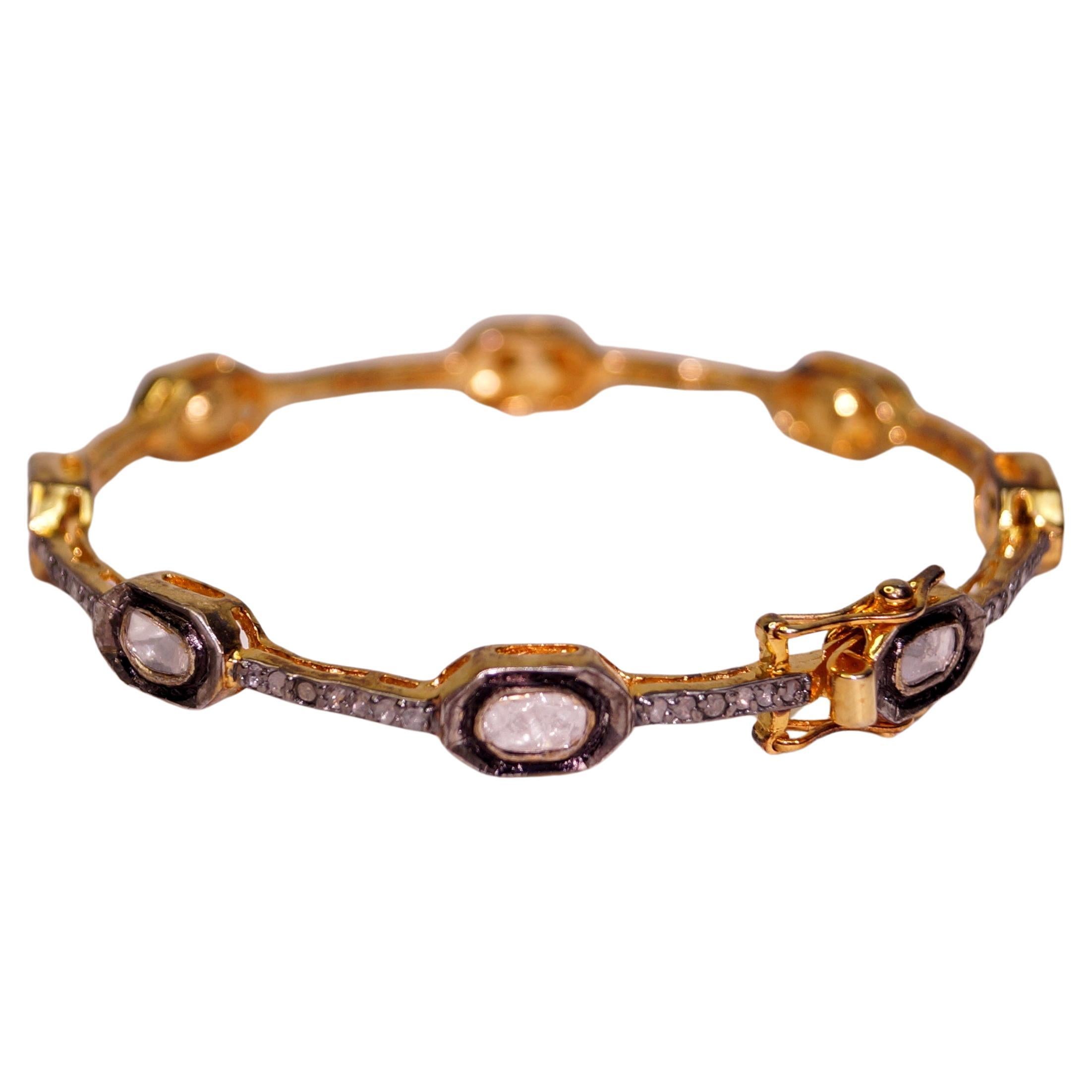 Certified natural uncut rose cut Diamonds yellow gold plated silver bracelet For Sale