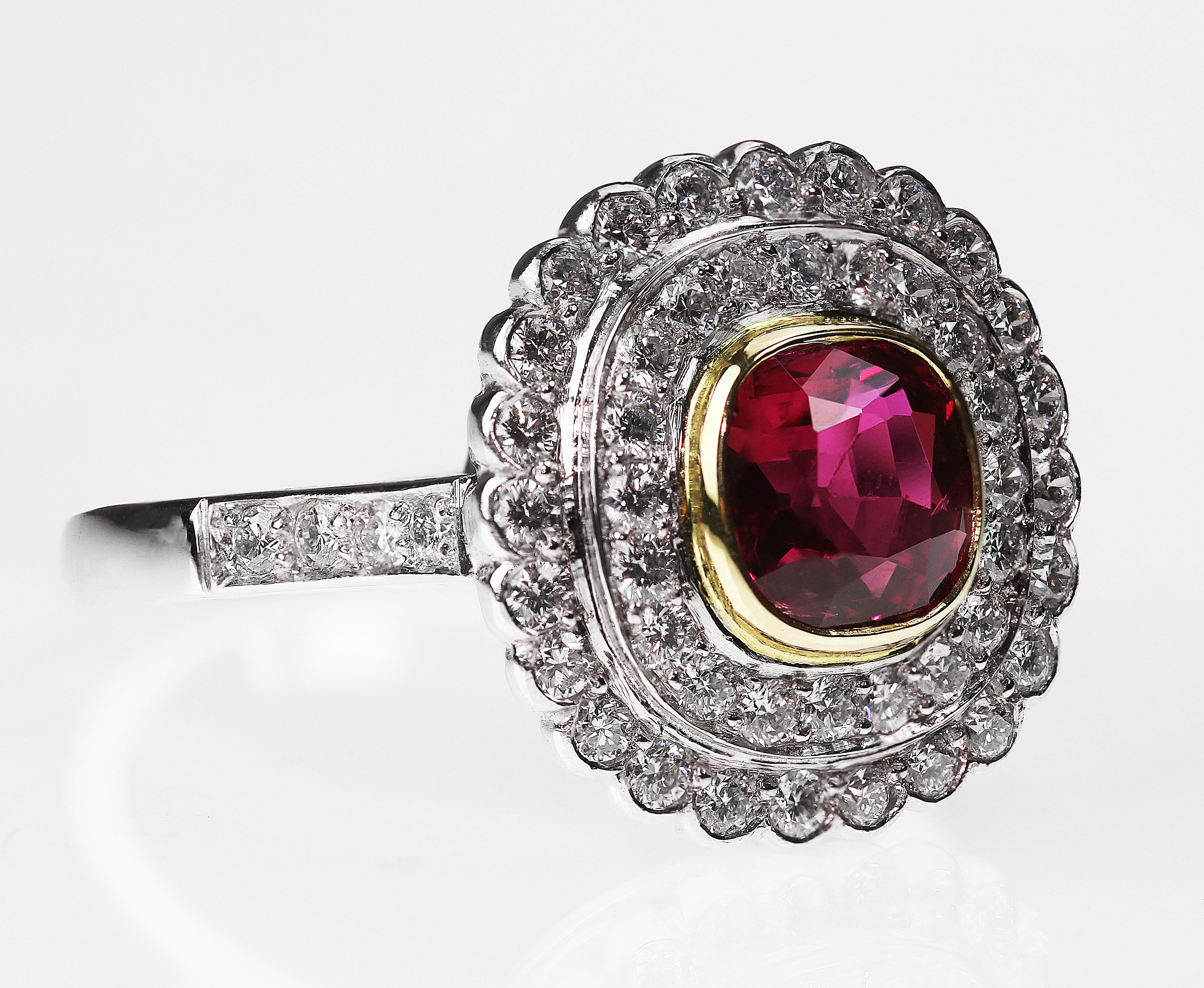 Cushion Cut Certified Natural Unheated Pigeon Blood Red Ruby 1.45ct & Diamond Cluster Ring