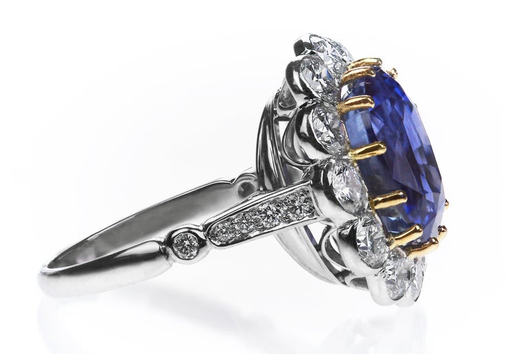 Cushion Cut Certified Sapphire 9 ct (Natural Untreated) & Diamond Ring in Platinum For Sale