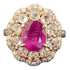Certified Natural Vietnamese Ruby & Diamond Cluster Ring in 18K Rose Gold