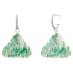Certified Natural Vintage Carved Botanical Jade Diamond 0.25 Carat Gold Earrings