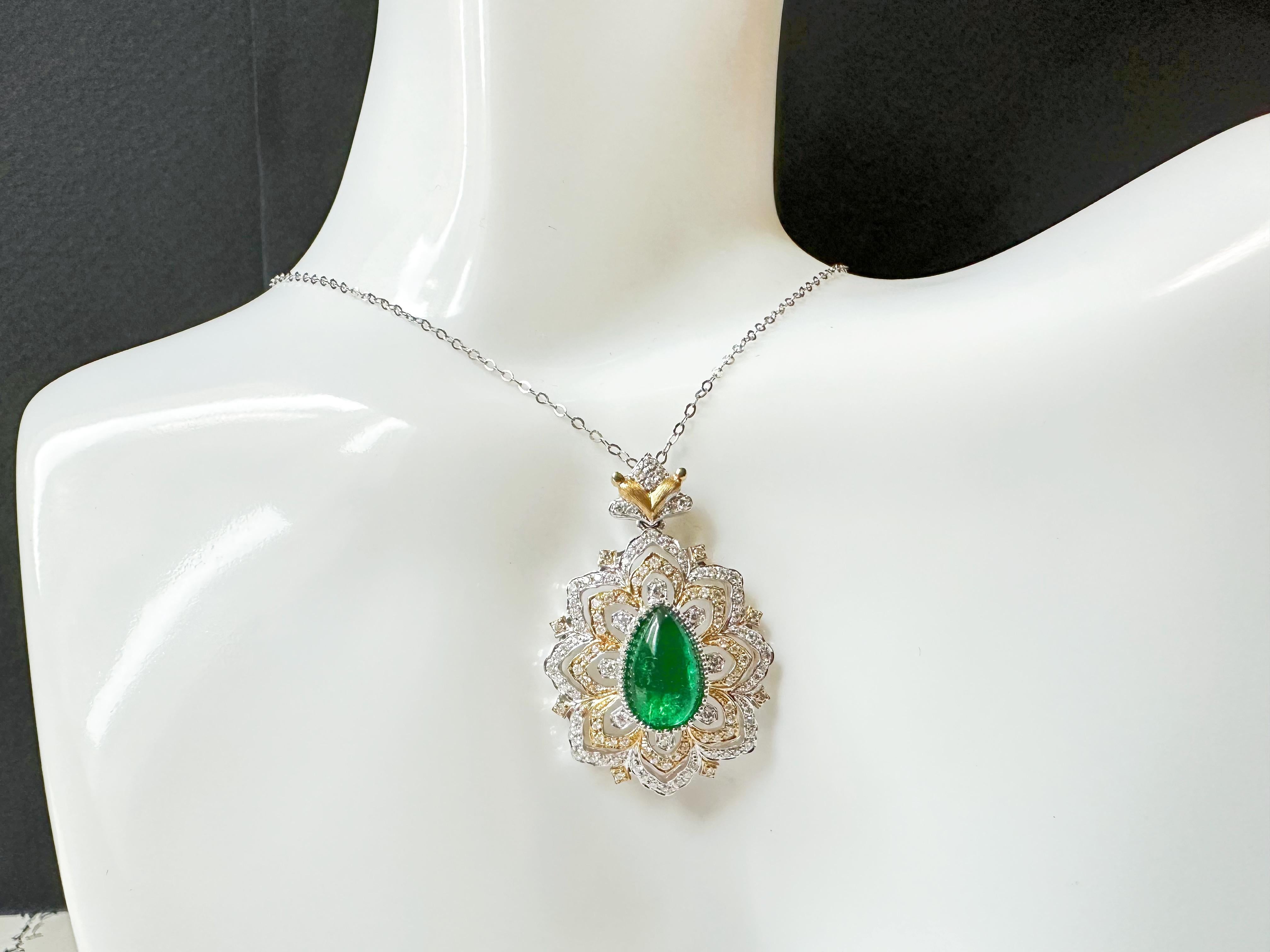 Certified Natural Vivid Green Drop Shape Emerald Pendant in 14K Gold and Diamond For Sale 11