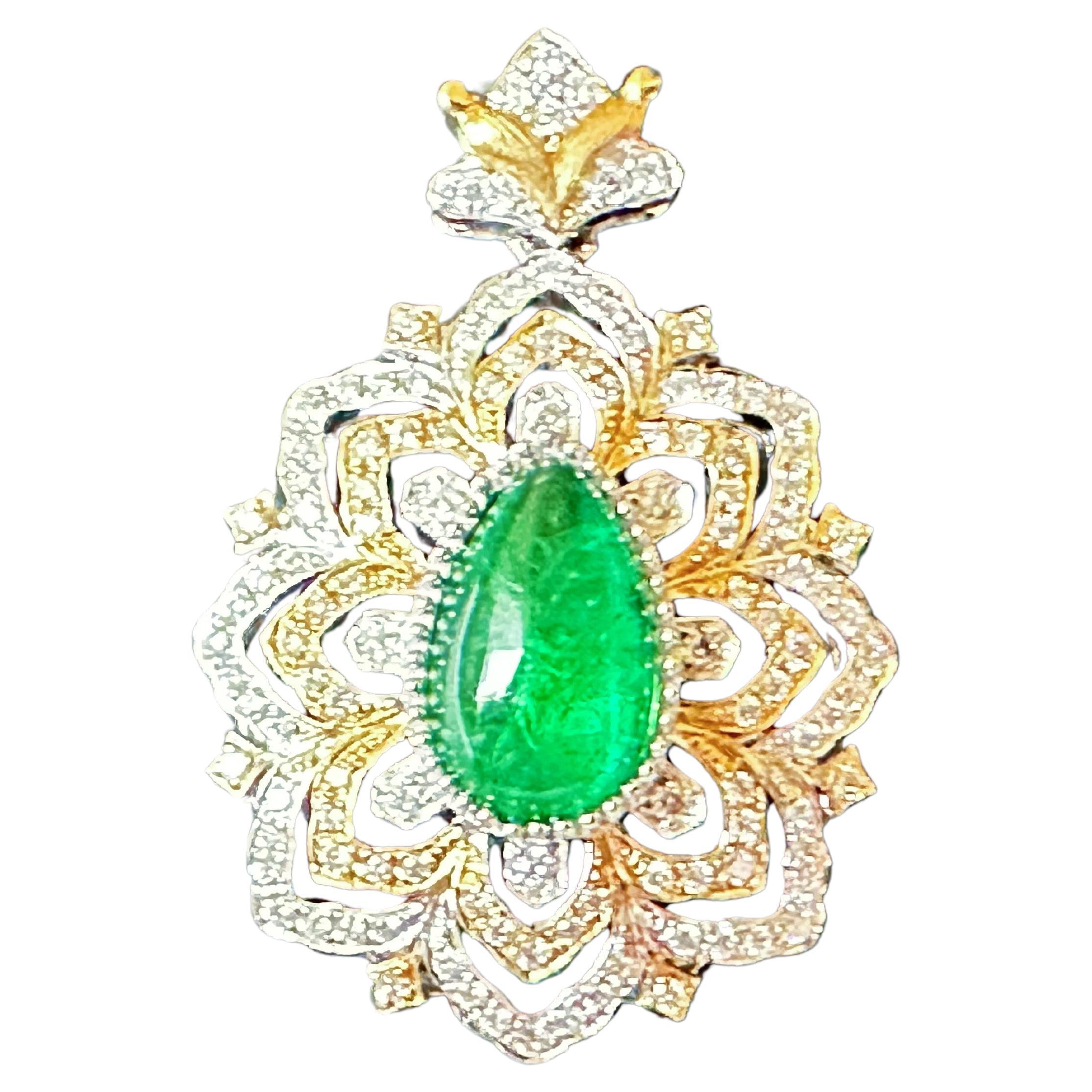 Certified Natural Vivid Green Drop Shape Emerald Pendant in 14K Gold and Diamond For Sale