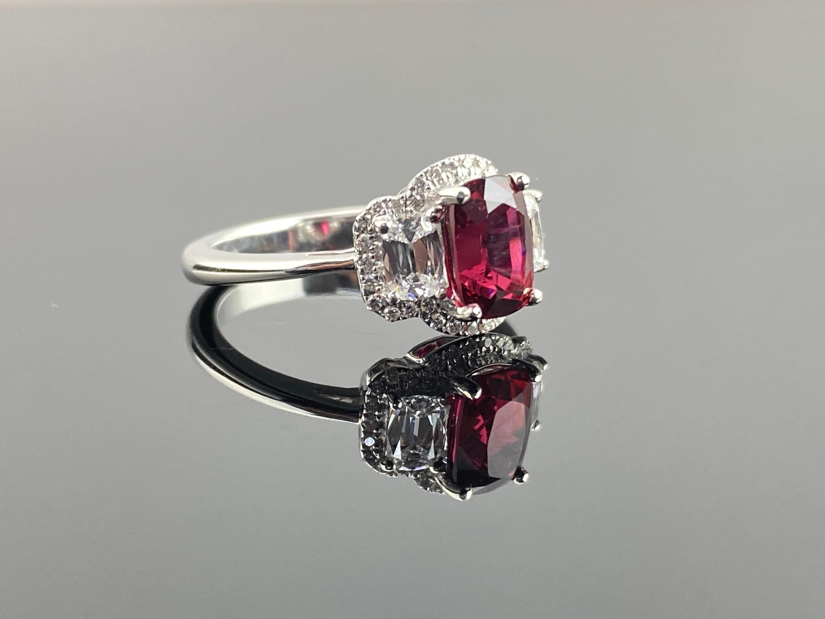 Asscher Cut Certified Natural Vivid Red Spinel and Diamond Engagement Or Cocktail Ring For Sale