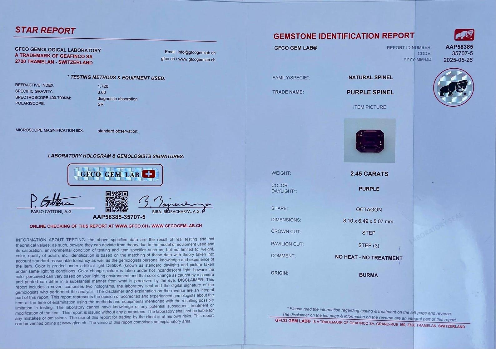 Certified Natural VS quality 2.45 Ct., Purple Spinel Loose gemstone, Octagon cut (Achteckschliff) im Angebot