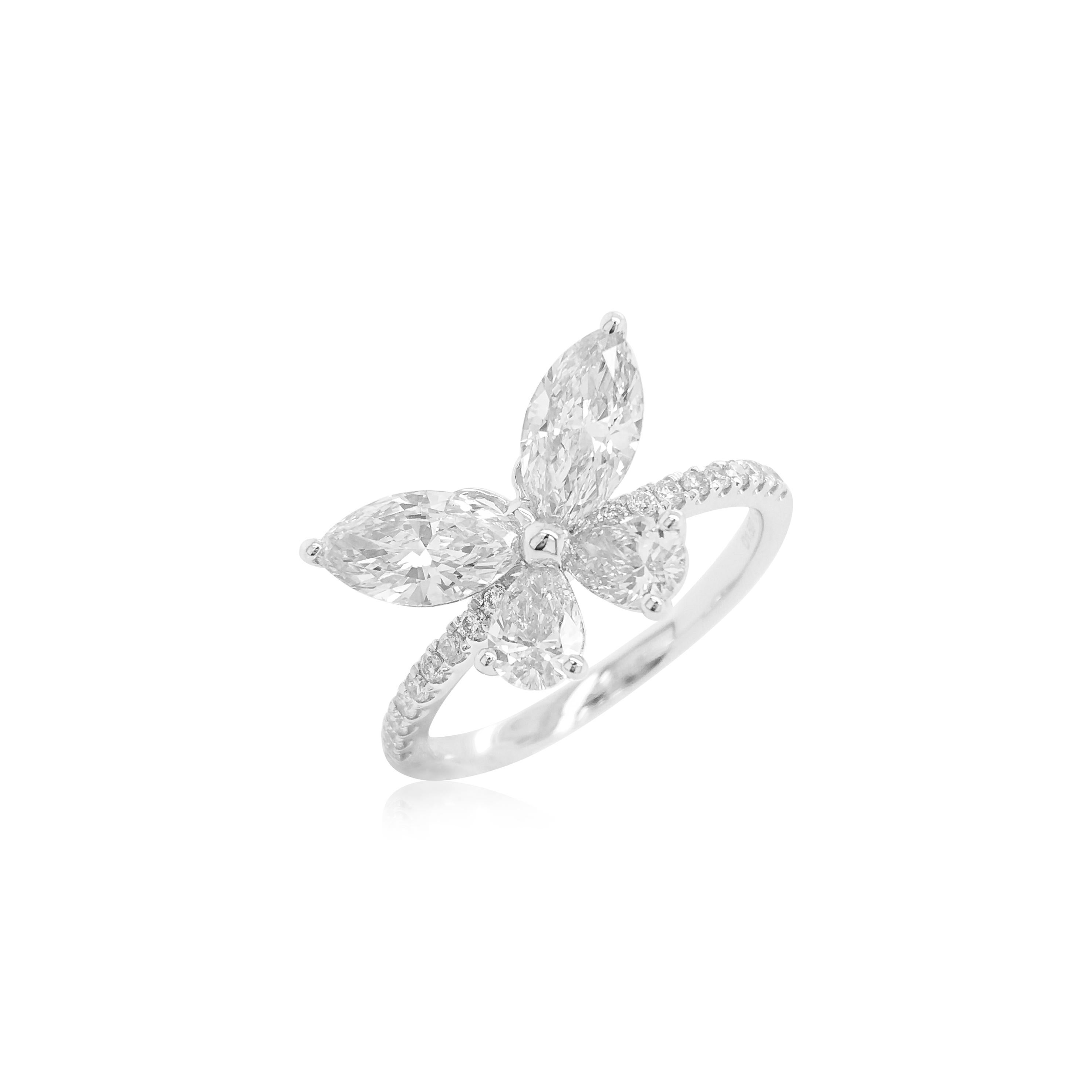 Mixed Cut Certified Natural White Diamond Platinum Cocktail Ring For Sale