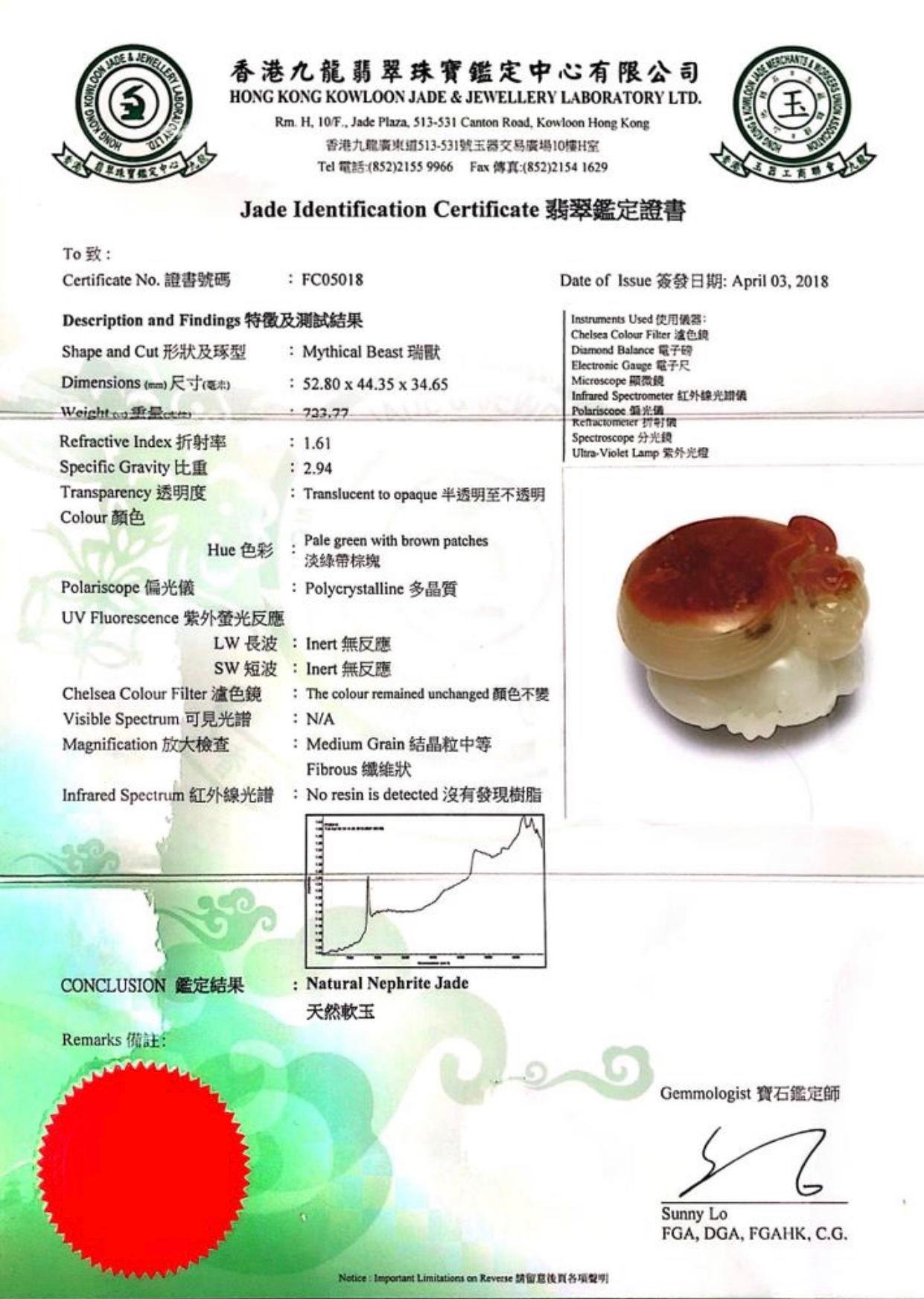 Certified Nephrite Jade Mythical Creature, Hetian River Pebble Material For Sale 9