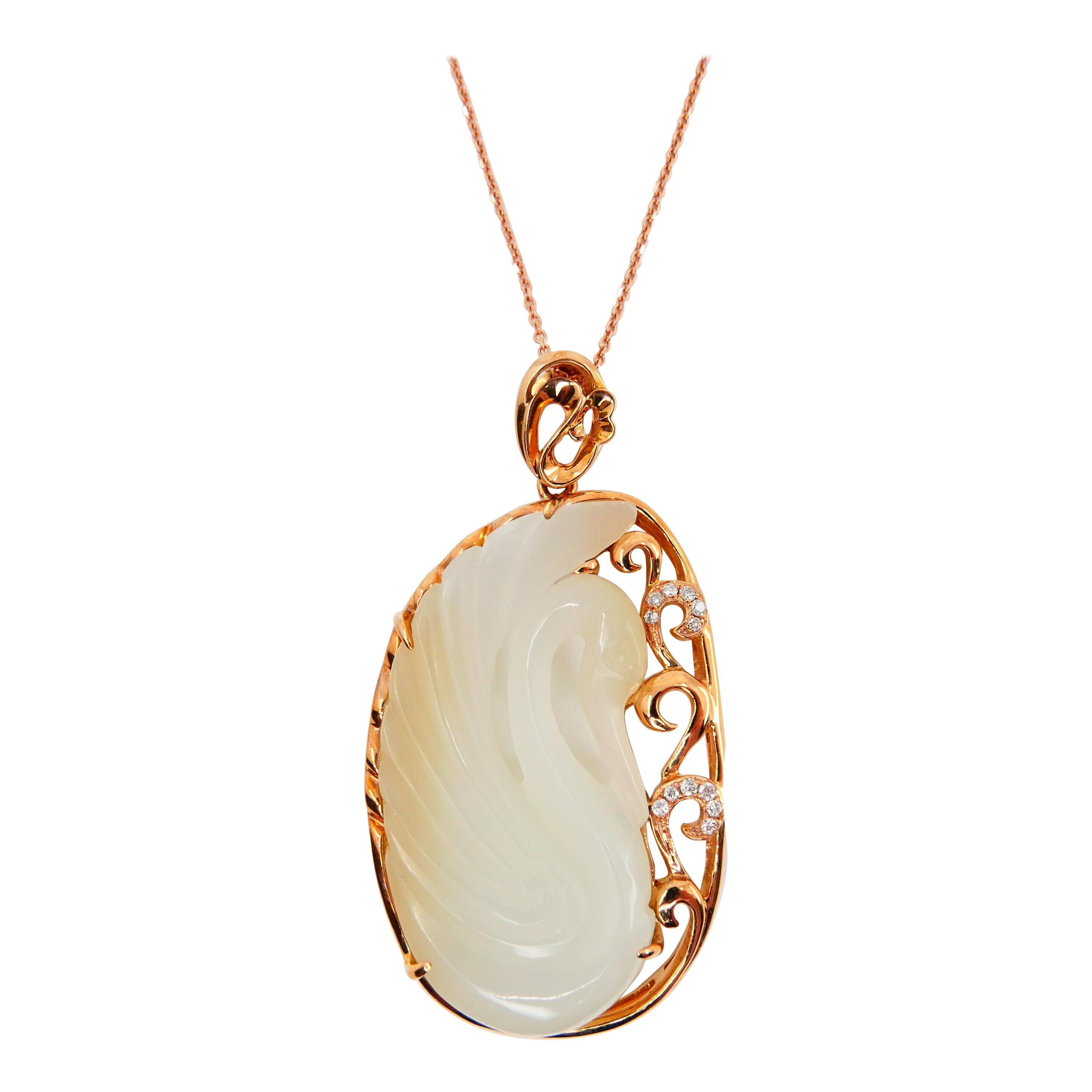 Certified Nephrite White Hetian Jade & Diamond Necklace, 18 Karat Rose Gold Swan