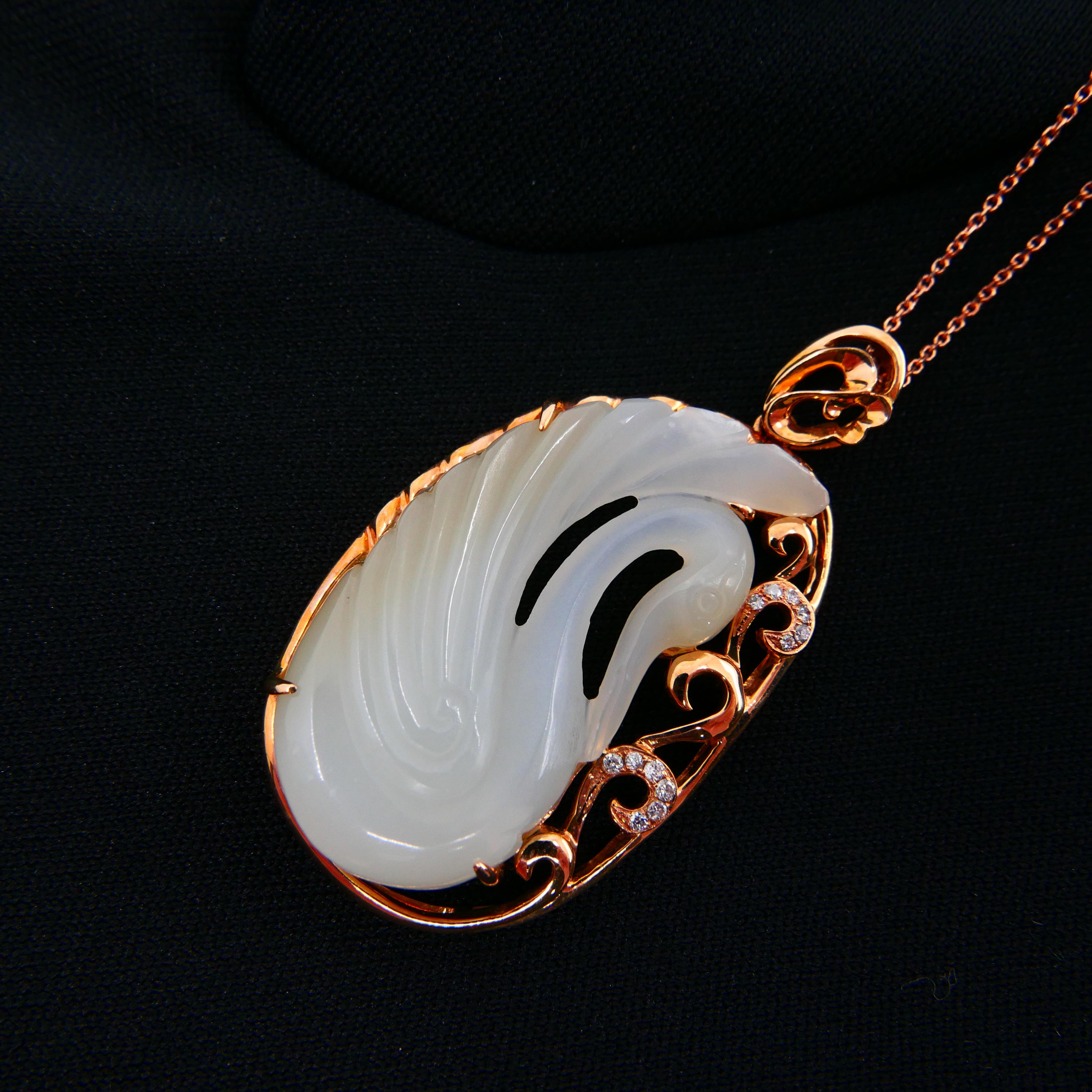 Certified Nephrite White Hetian Jade & Diamond Necklace, 18 Karat Rose Gold Swan For Sale 1