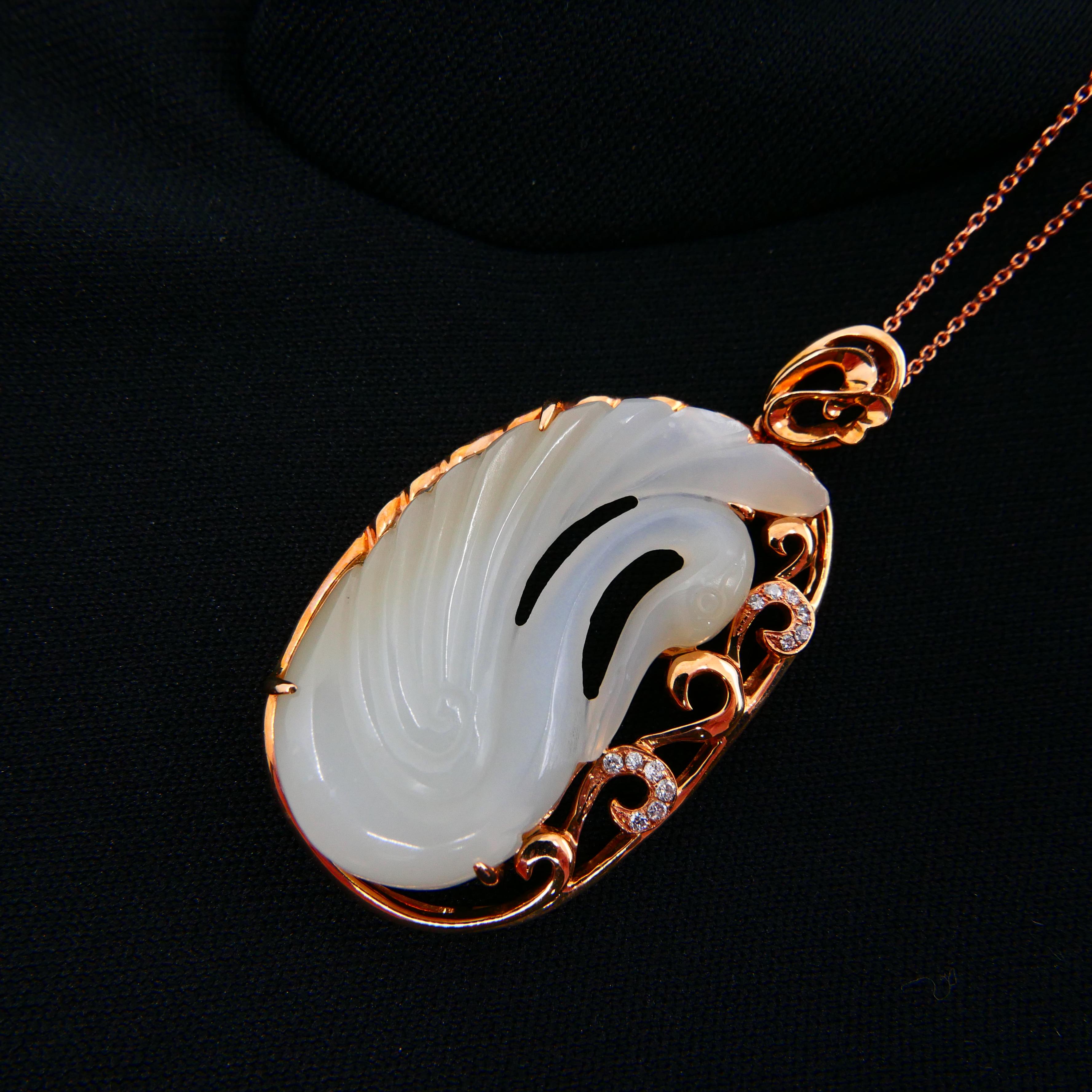 Collana di nefrite bianca certificata, giada Hetian e diamanti, oro rosa 18 carati Swan in vendita 4