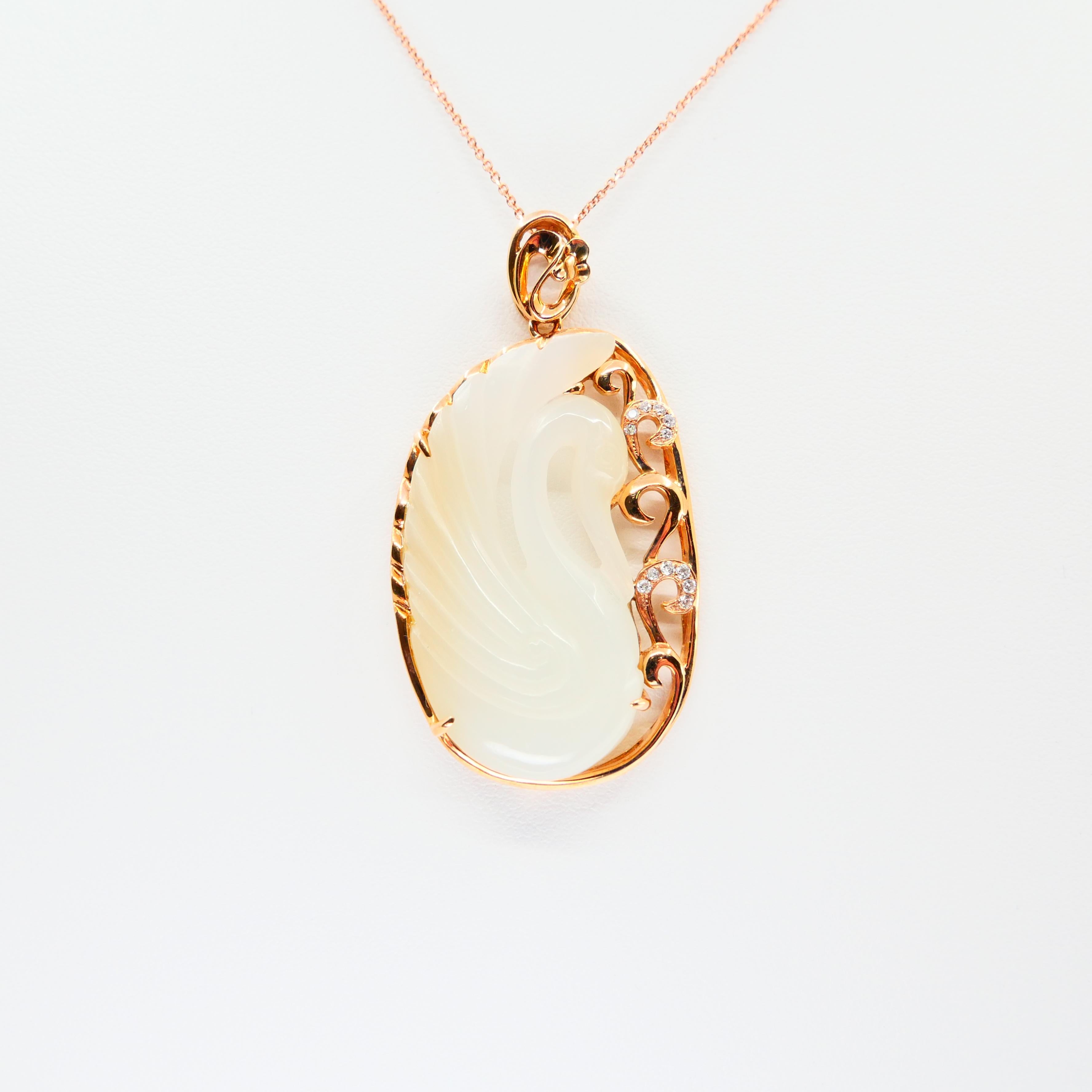 Certified Nephrite White Hetian Jade & Diamond Necklace, 18 Karat Rose Gold Swan For Sale 2