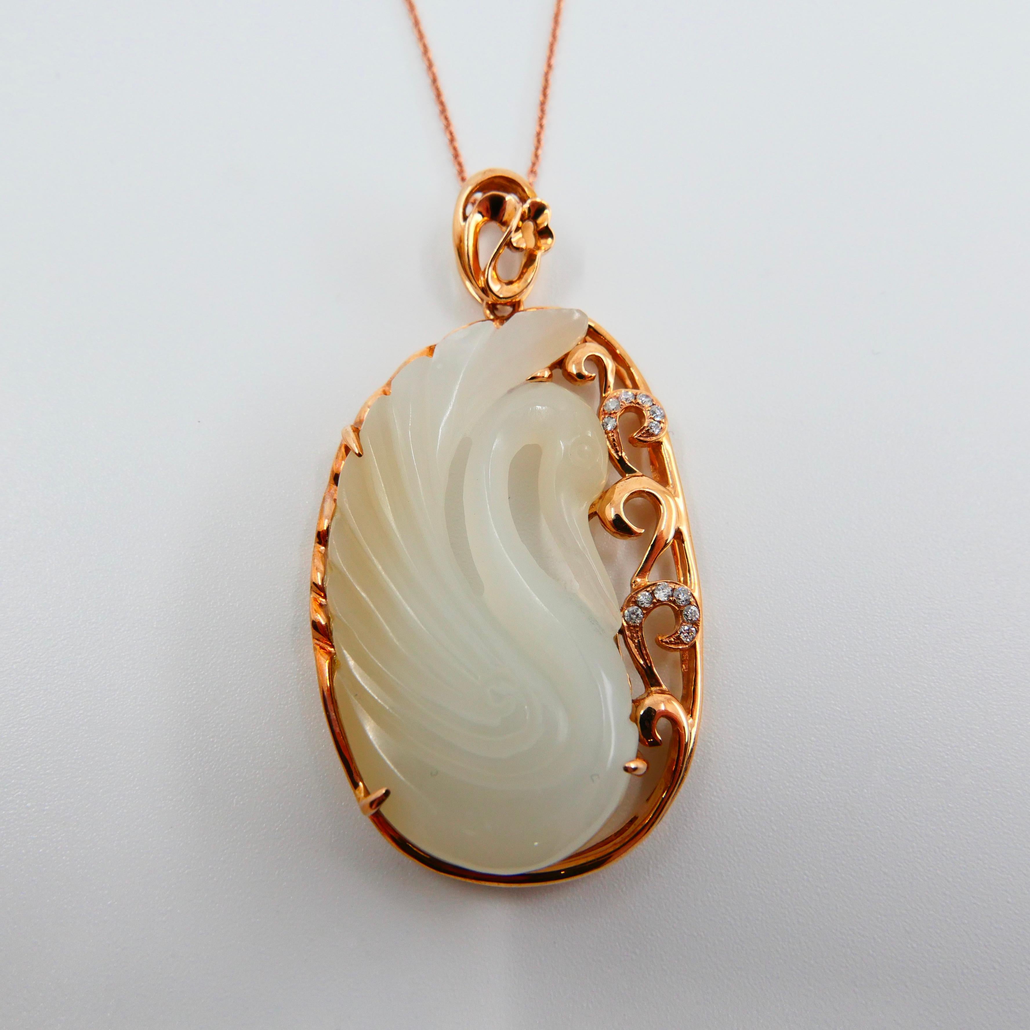 Certified Nephrite White Hetian Jade & Diamond Necklace, 18 Karat Rose Gold Swan For Sale 4