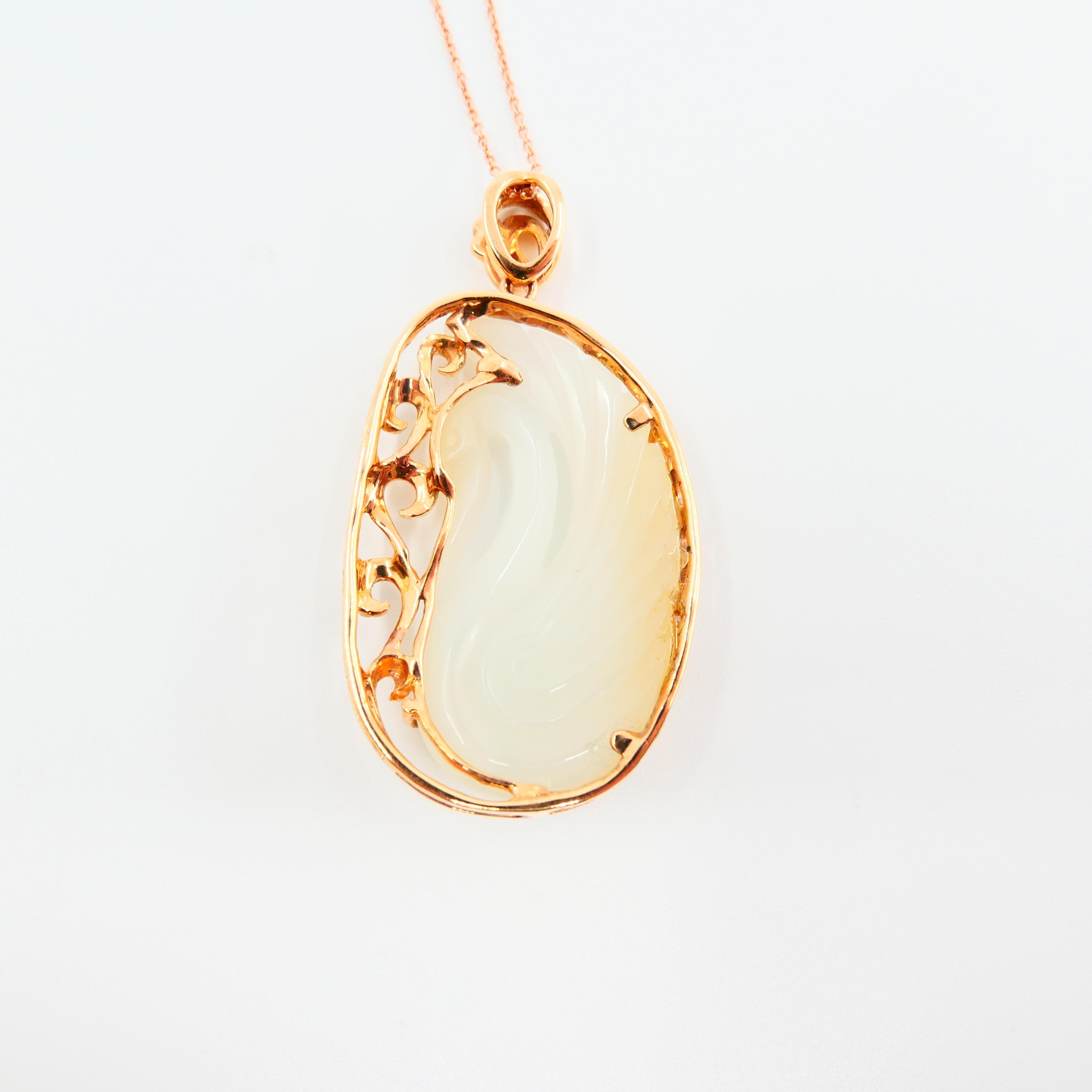 Women's or Men's Certified Nephrite White Hetian Jade & Diamond Necklace, 18 Karat Rose Gold Swan For Sale