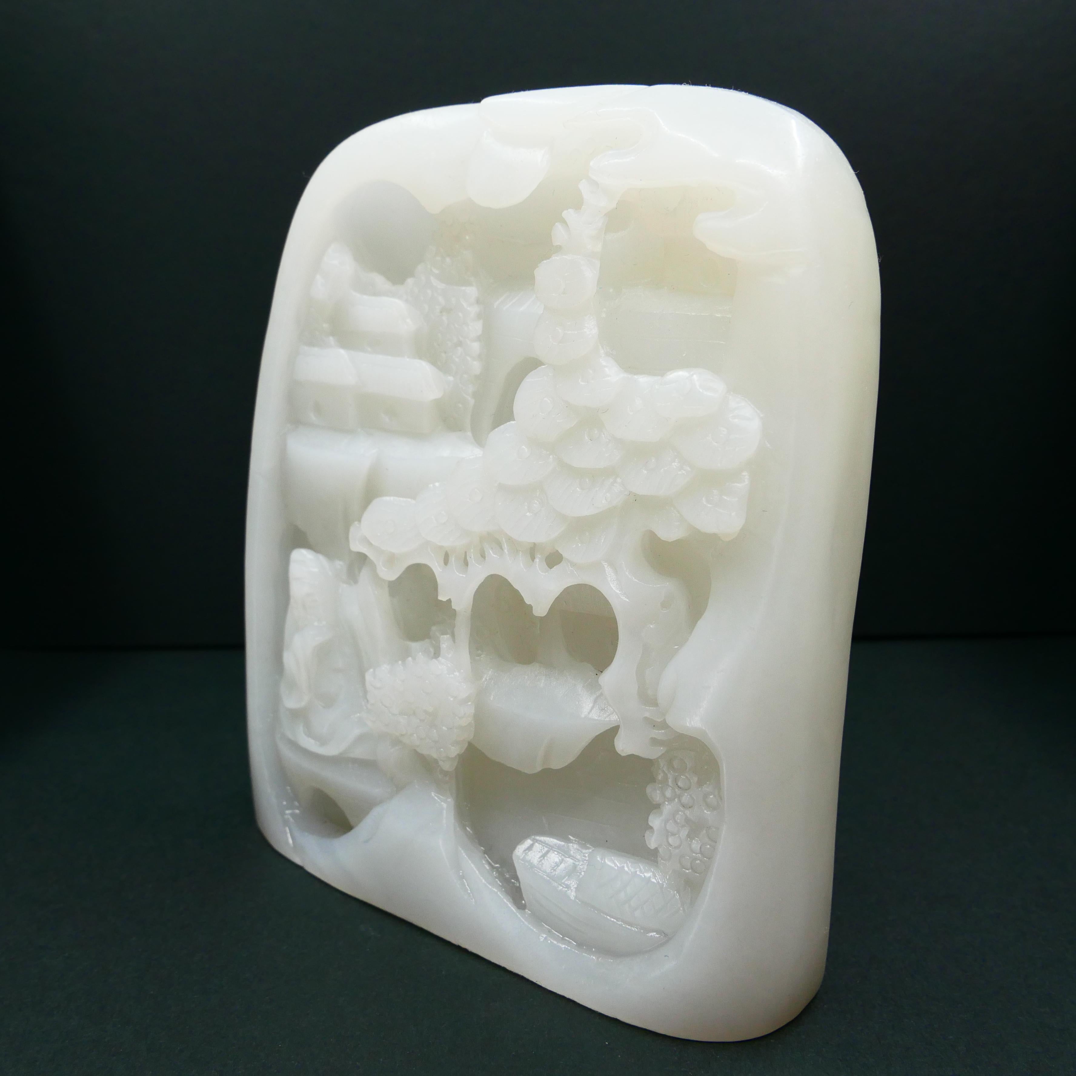 Certified Nephrite White Jade Carving, Hetian Jade, Scenic Stature For Sale 5