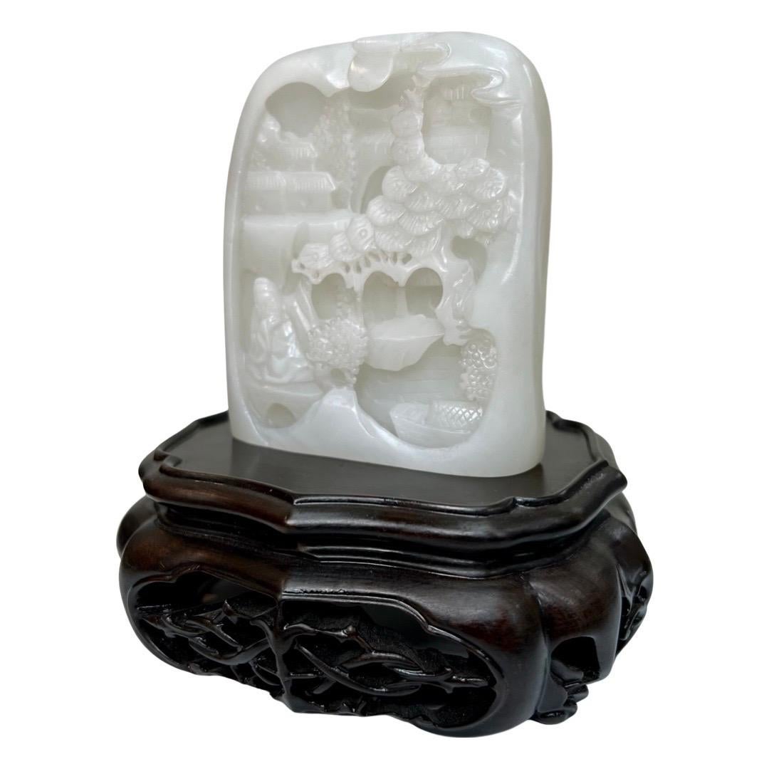 Certified Nephrite White Jade Carving, Hetian Jade, Scenic Stature In New Condition For Sale In Hong Kong, HK