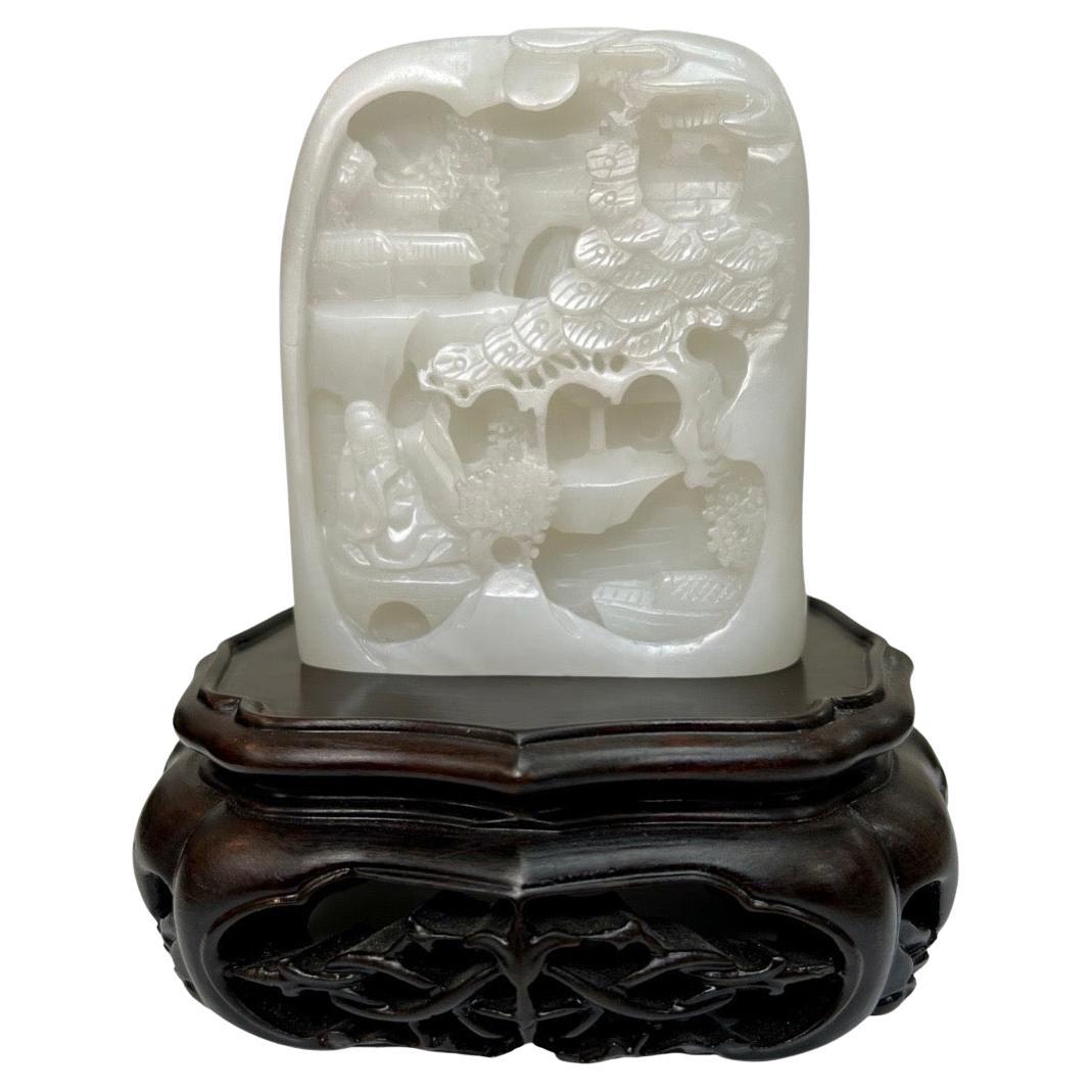 Certified Nephrite White Jade Carving, Hetian Jade, Scenic Stature