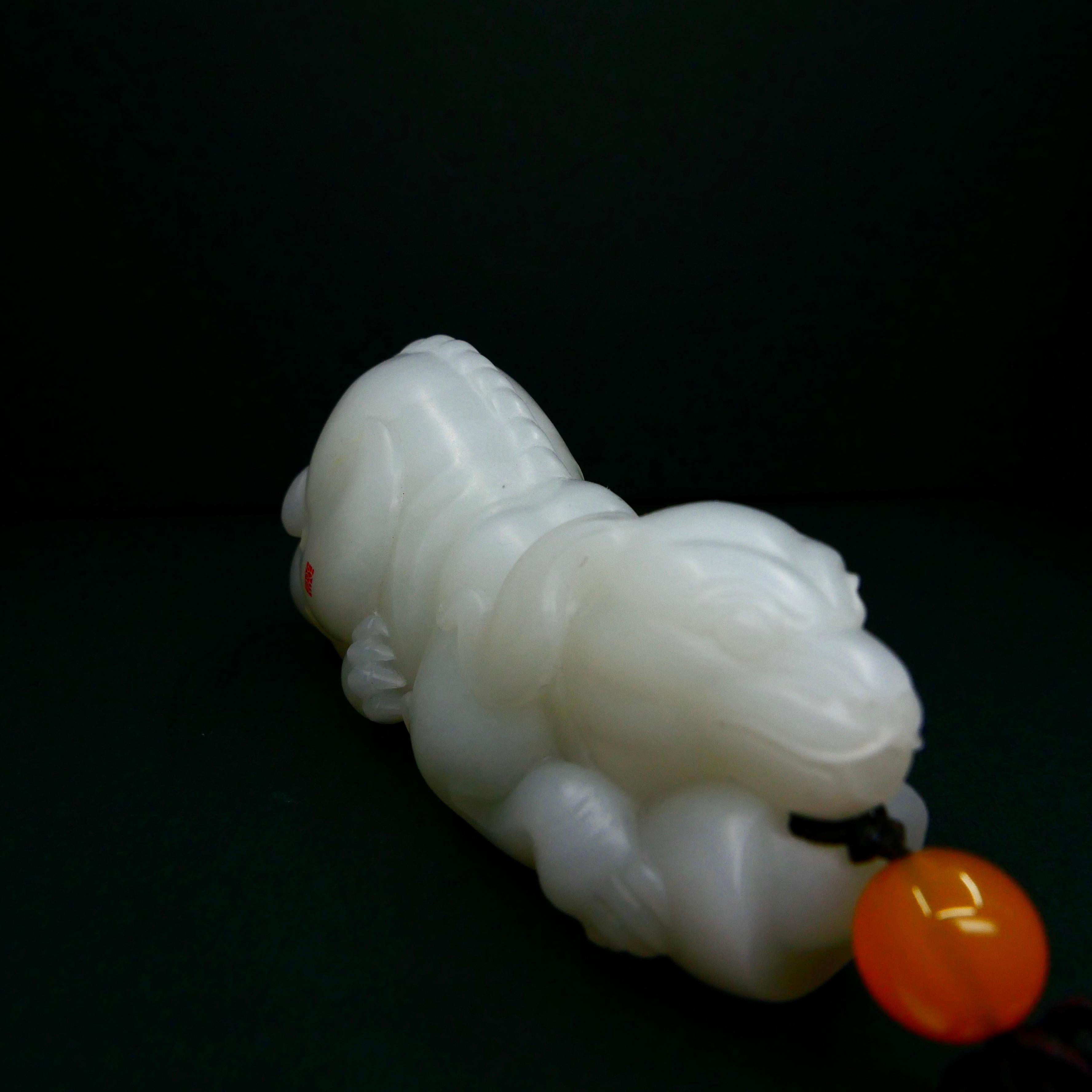 Certified Nephrite White Jade Mythical Creature, Heatian River Pebble Material For Sale 4