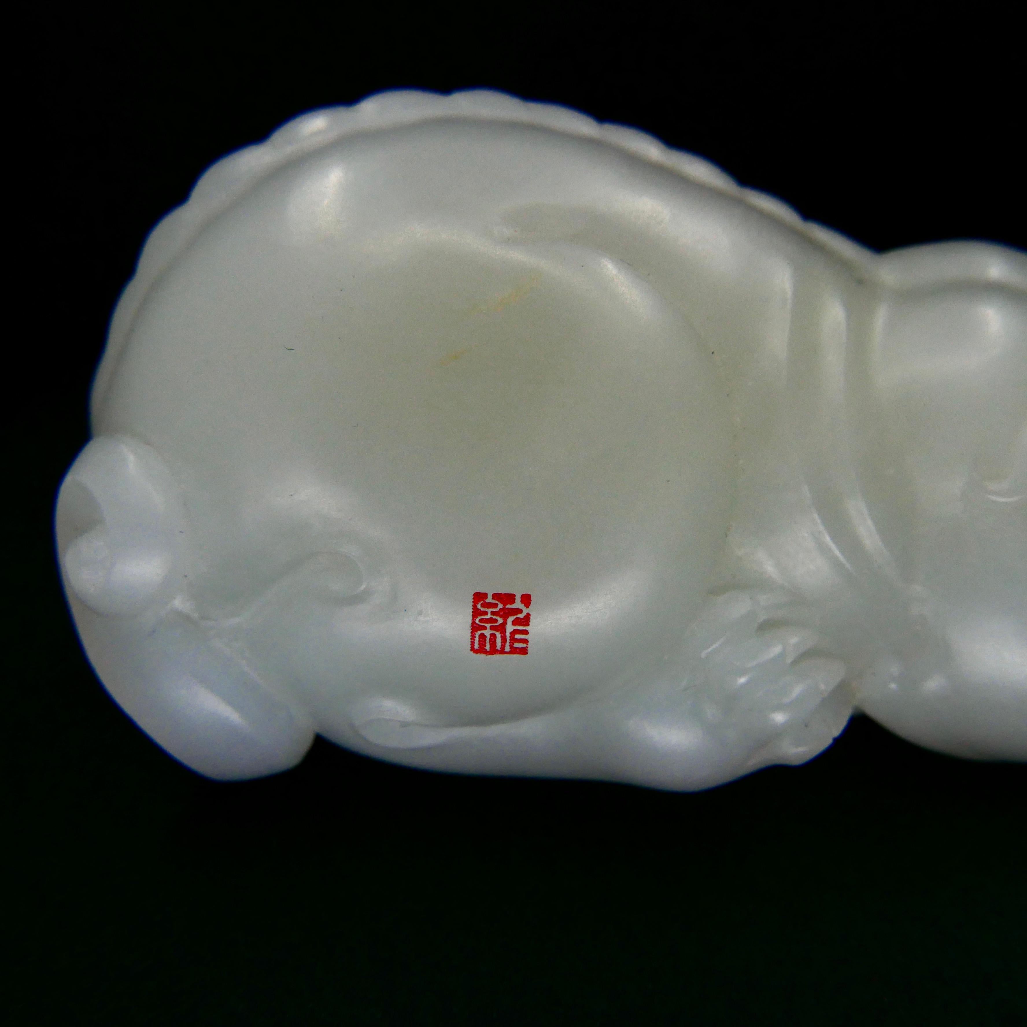Certified Nephrite White Jade Mythical Creature, Heatian River Pebble Material For Sale 7