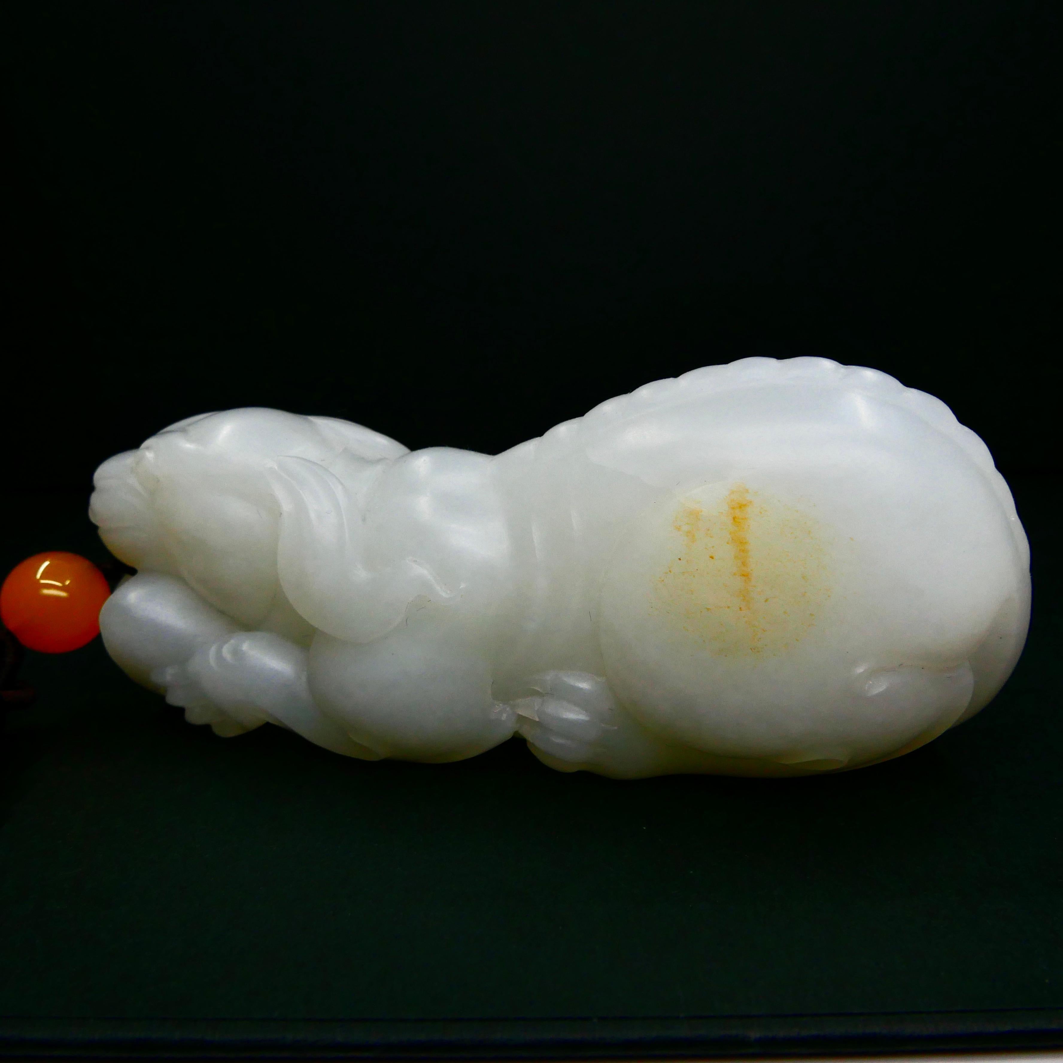 Rough Cut Certified Nephrite White Jade Mythical Creature, Heatian River Pebble Material For Sale