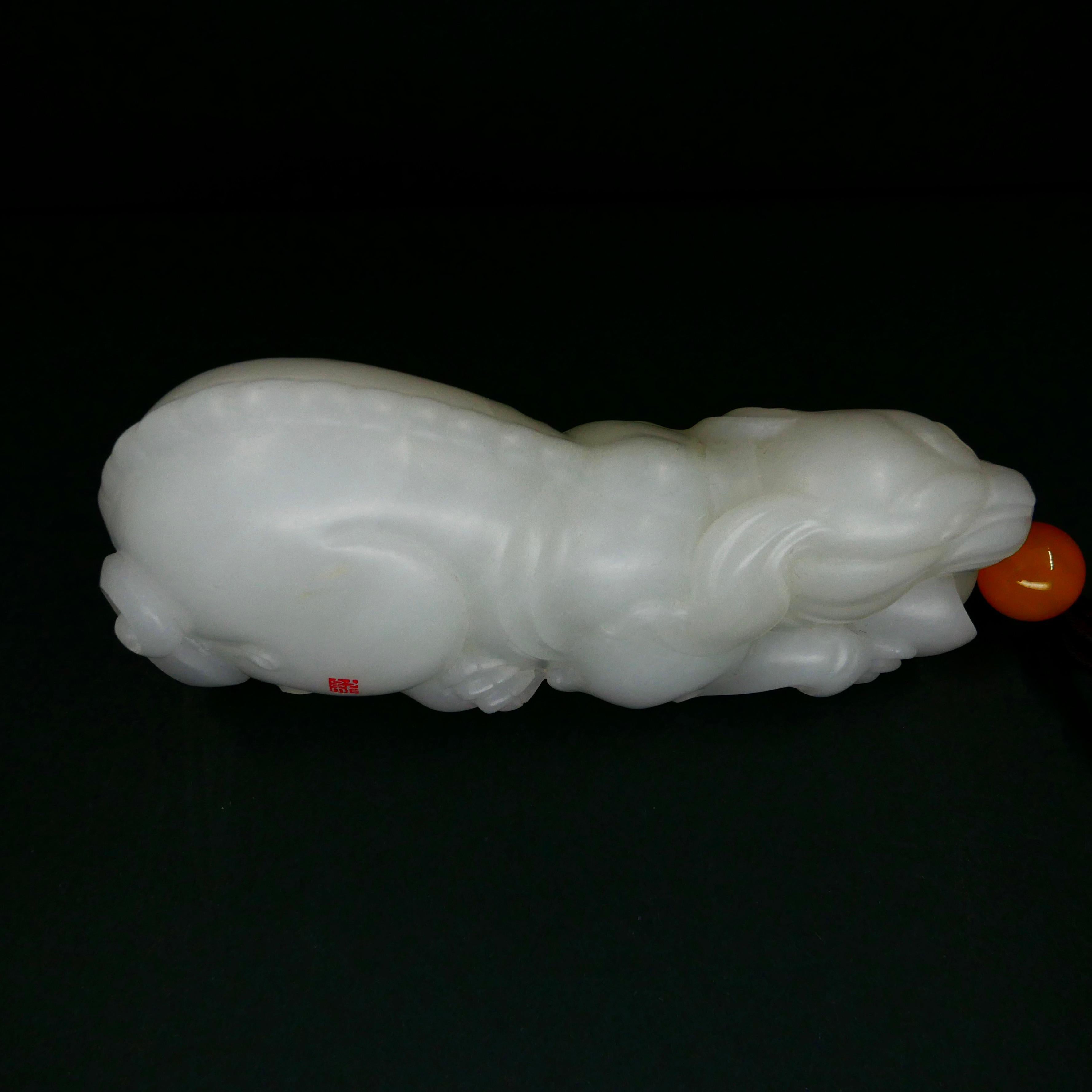 Women's or Men's Certified Nephrite White Jade Mythical Creature, Heatian River Pebble Material For Sale