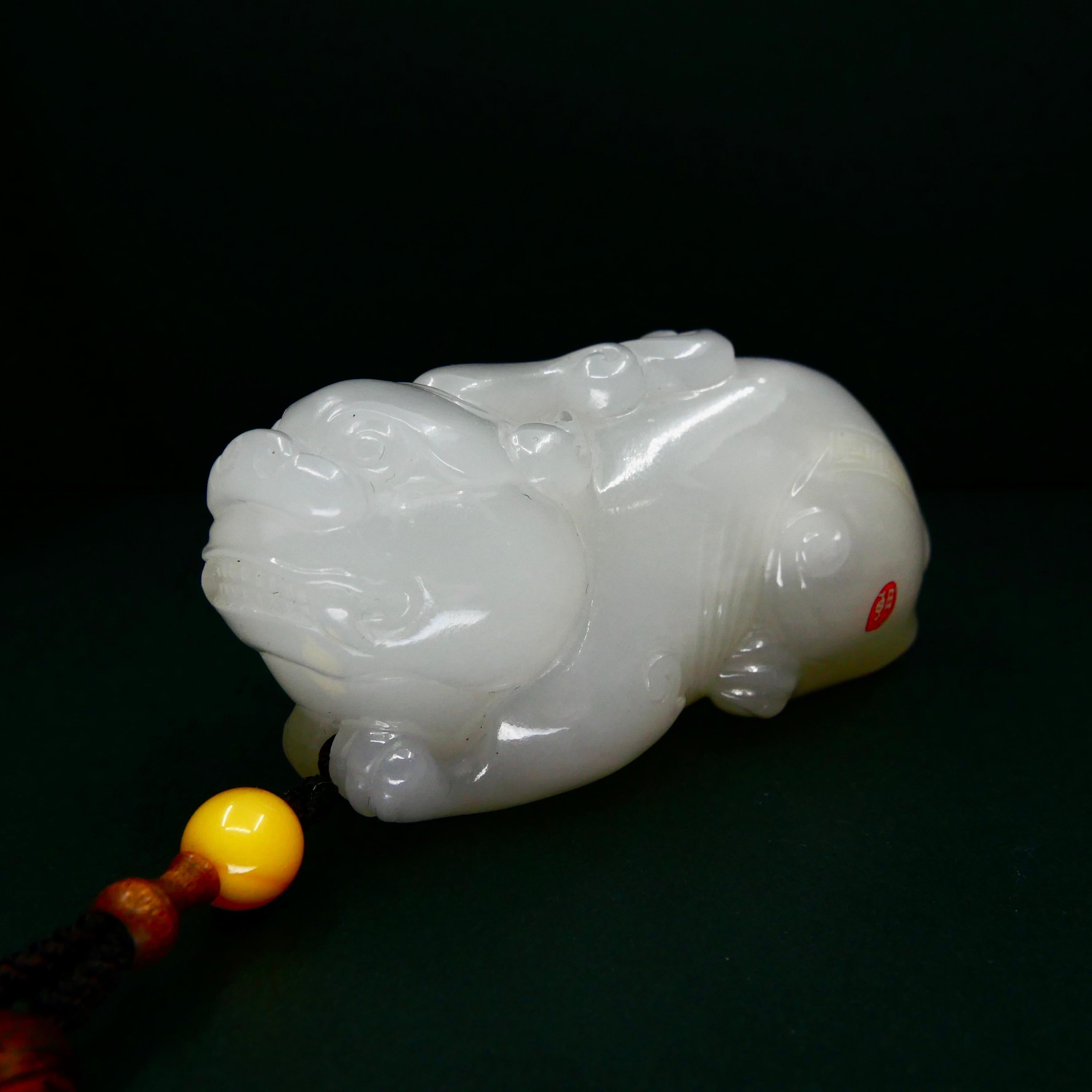 Certified Nephrite White Jade Mythical Creature, Hetian River Pebble Material For Sale 1