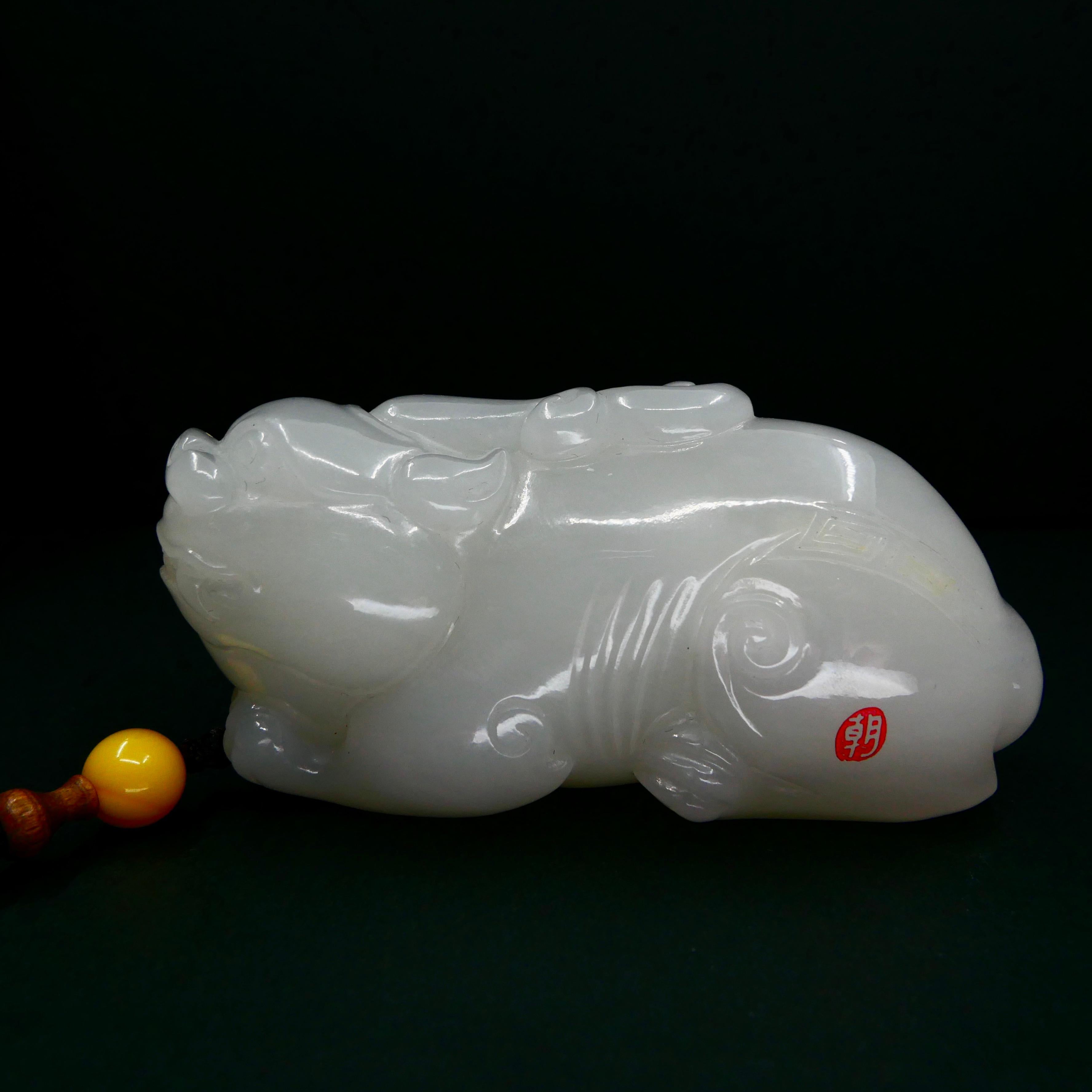 Certified Nephrite White Jade Mythical Creature, Hetian River Pebble Material For Sale 3