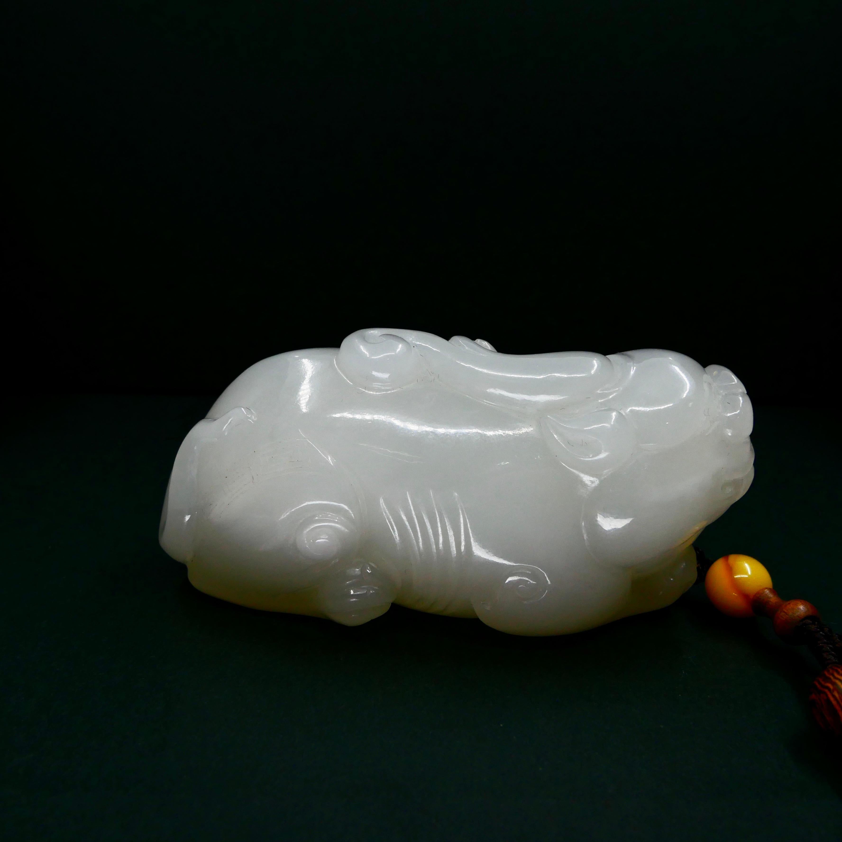 Certified Nephrite White Jade Mythical Creature, Hetian River Pebble Material For Sale 5