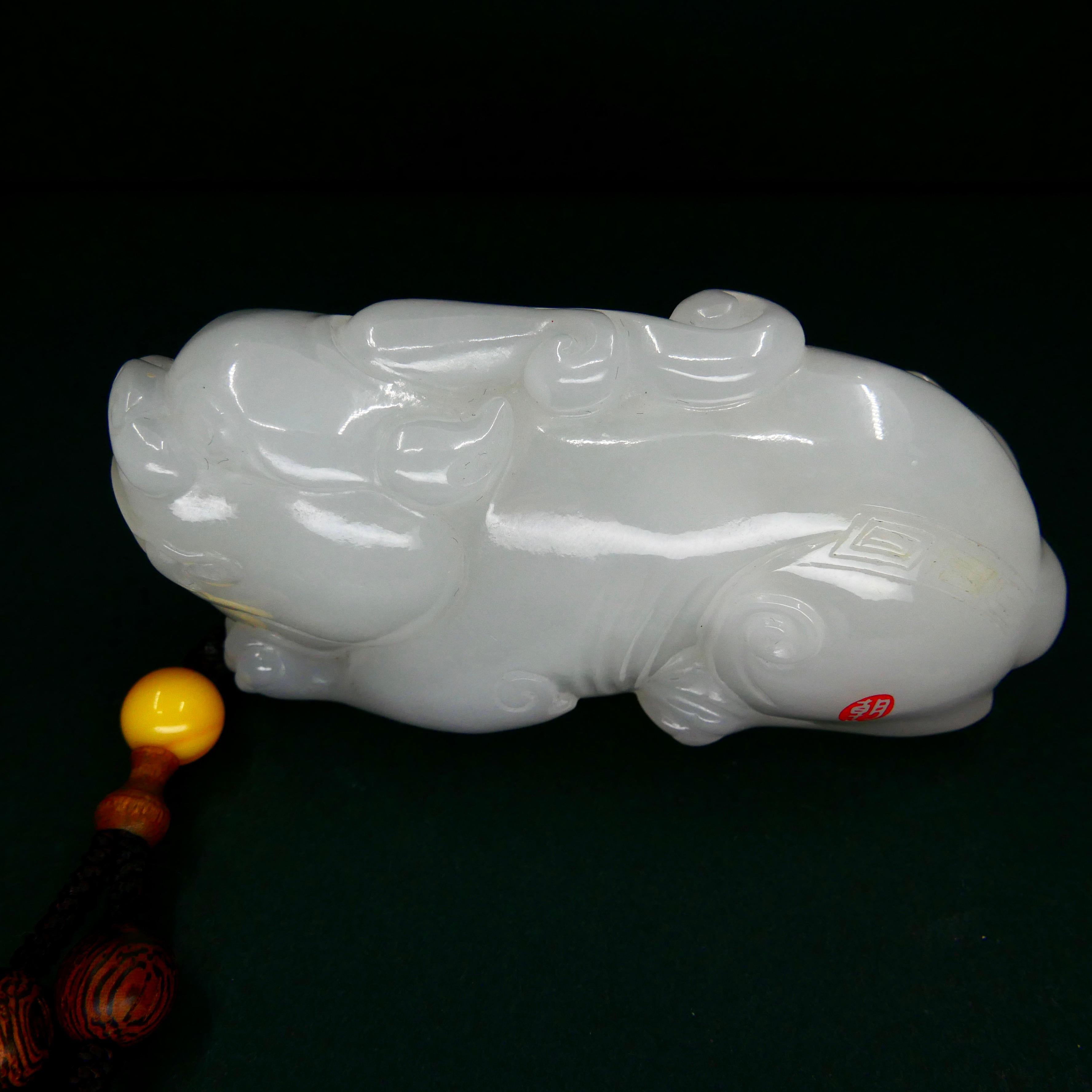 Certified Nephrite White Jade Mythical Creature, Hetian River Pebble Material For Sale 7