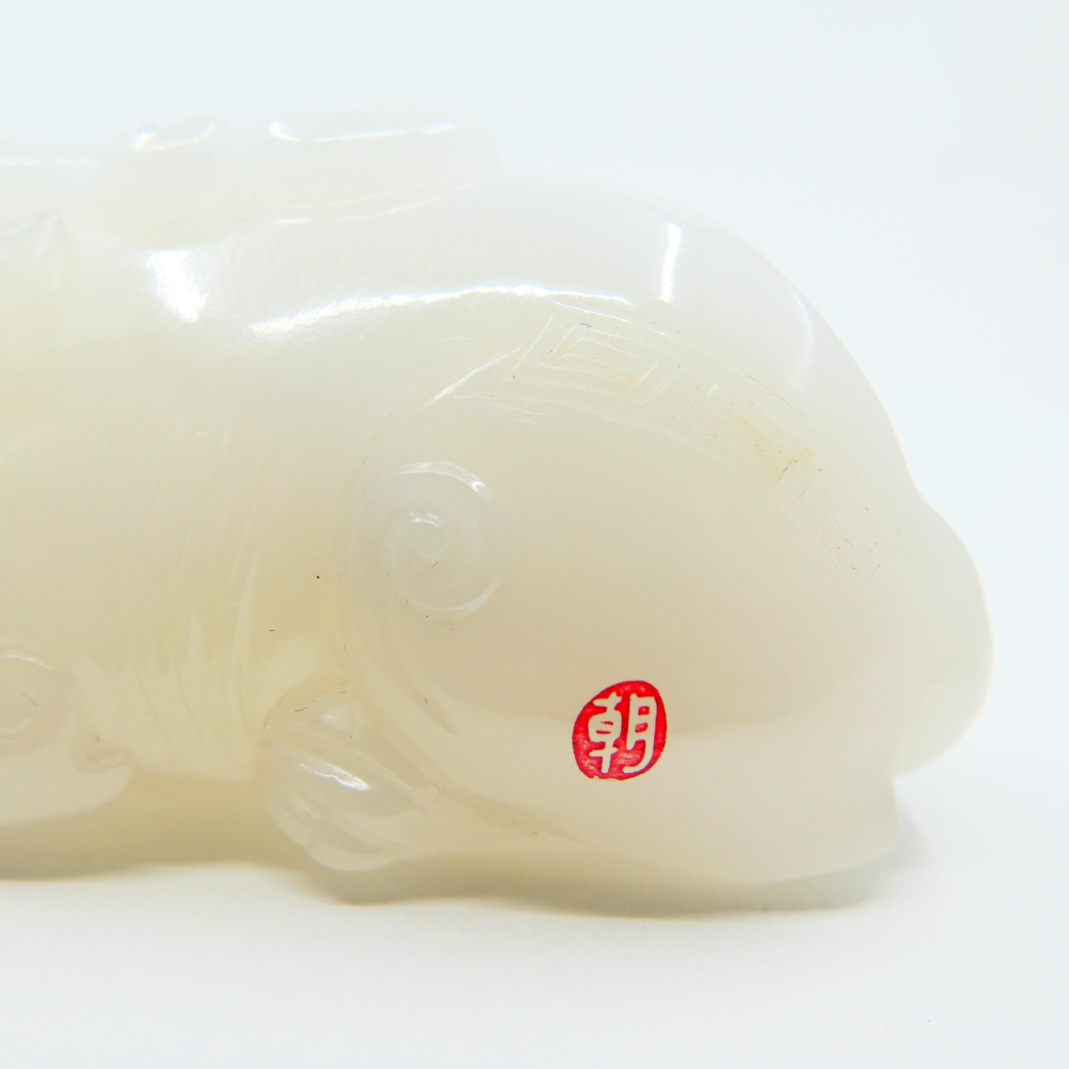 Certified Nephrite White Jade Mythical Creature, Hetian River Pebble Material For Sale 8