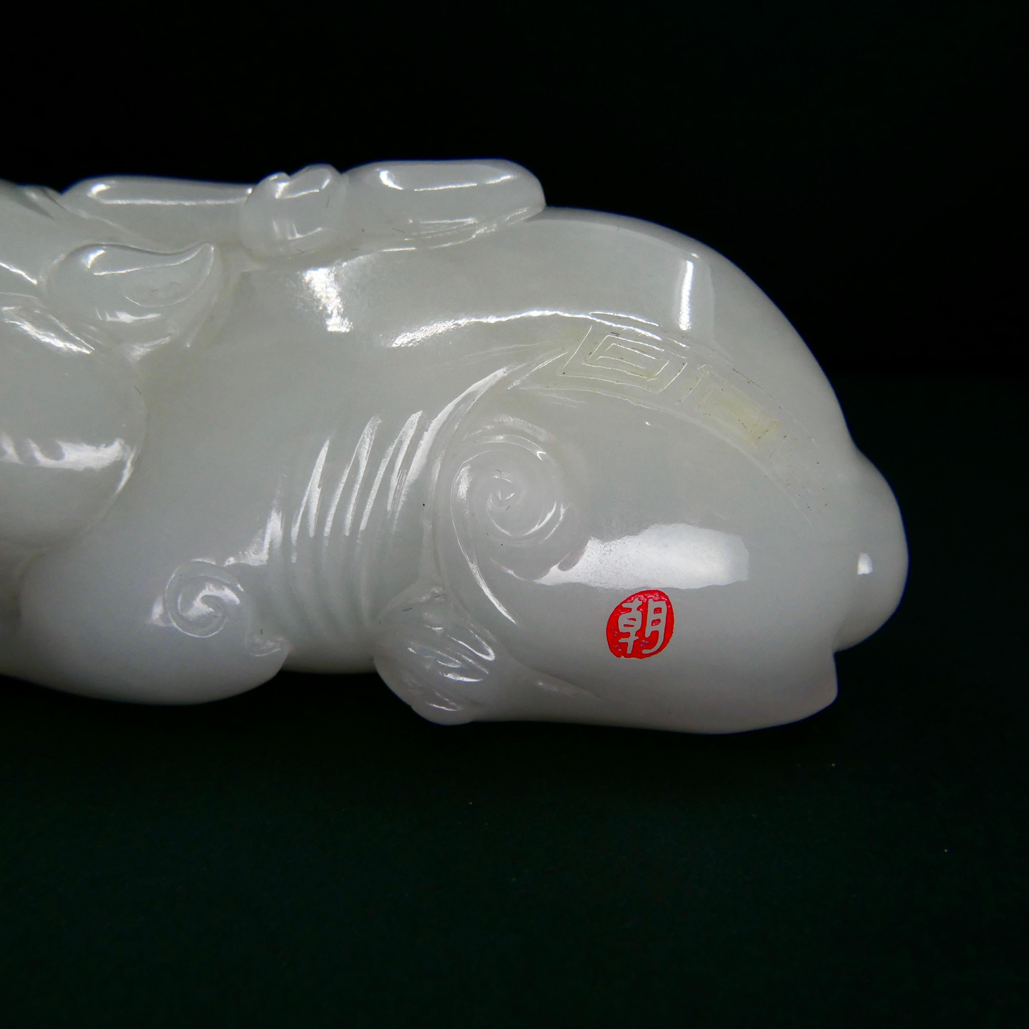Certified Nephrite White Jade Mythical Creature, Hetian River Pebble Material For Sale 9
