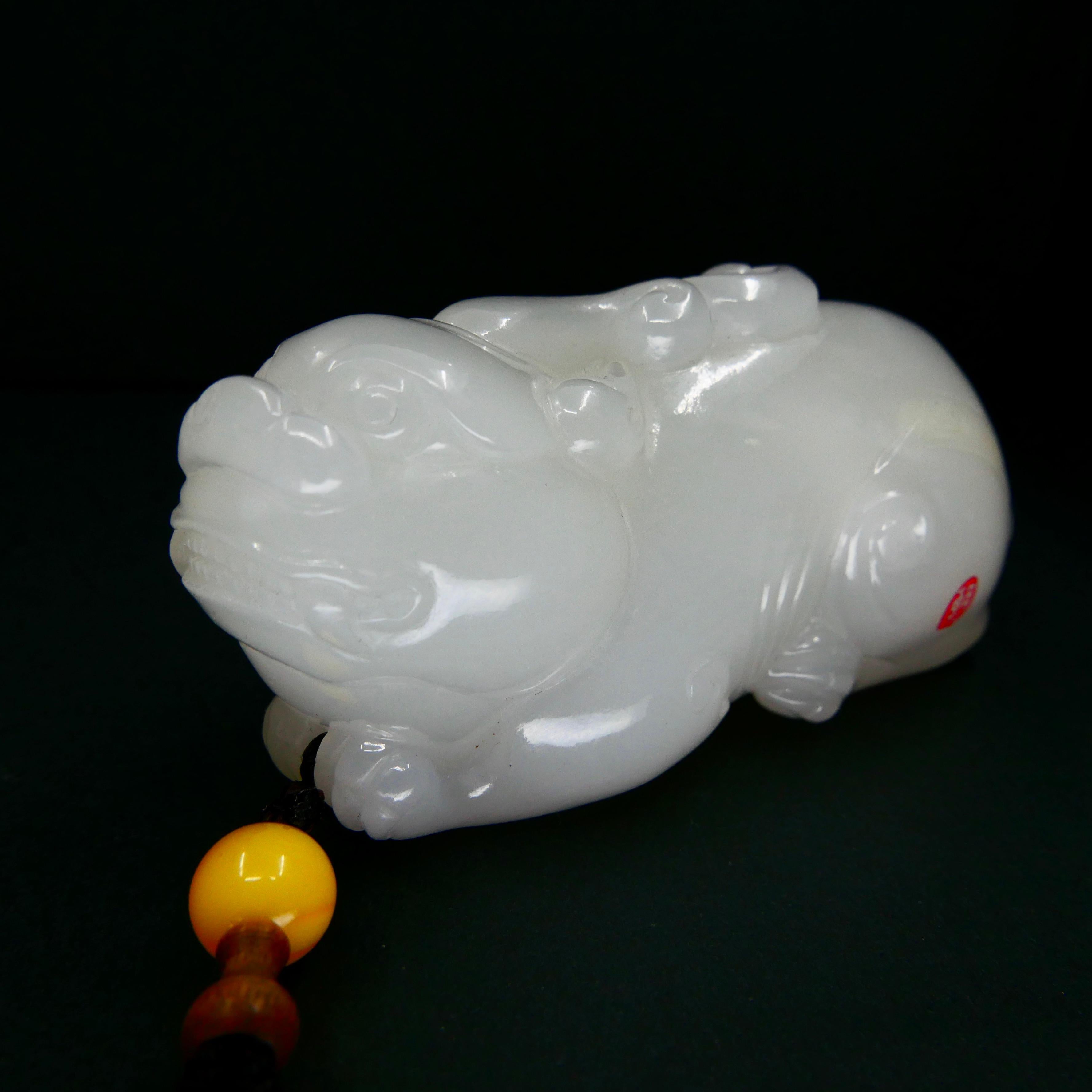 Contemporary Certified Nephrite White Jade Mythical Creature, Hetian River Pebble Material For Sale