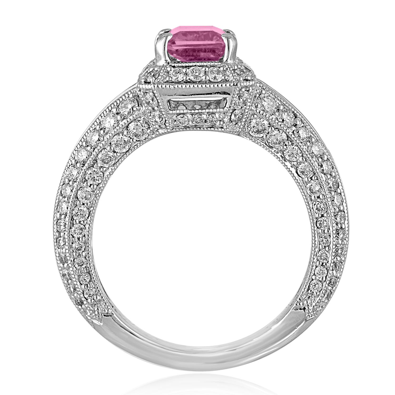 Beautiful Pink Sapphire Milgrain Art Deco Revival Ring
The ring is 18K white Gold
There are 2.05 Carats In White Diamonds F/G VS/SI
The Pink Sapphire is 1.55 Carat Octagon Step Cut
The Sapphire is certified by LAPIS  NO HEAT
Natural Inclusions in