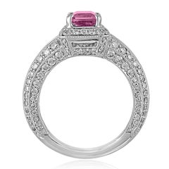 Certified No Heat 1.55 Carat Step Cut Pink Sapphire Diamond Gold Milgrain Ring