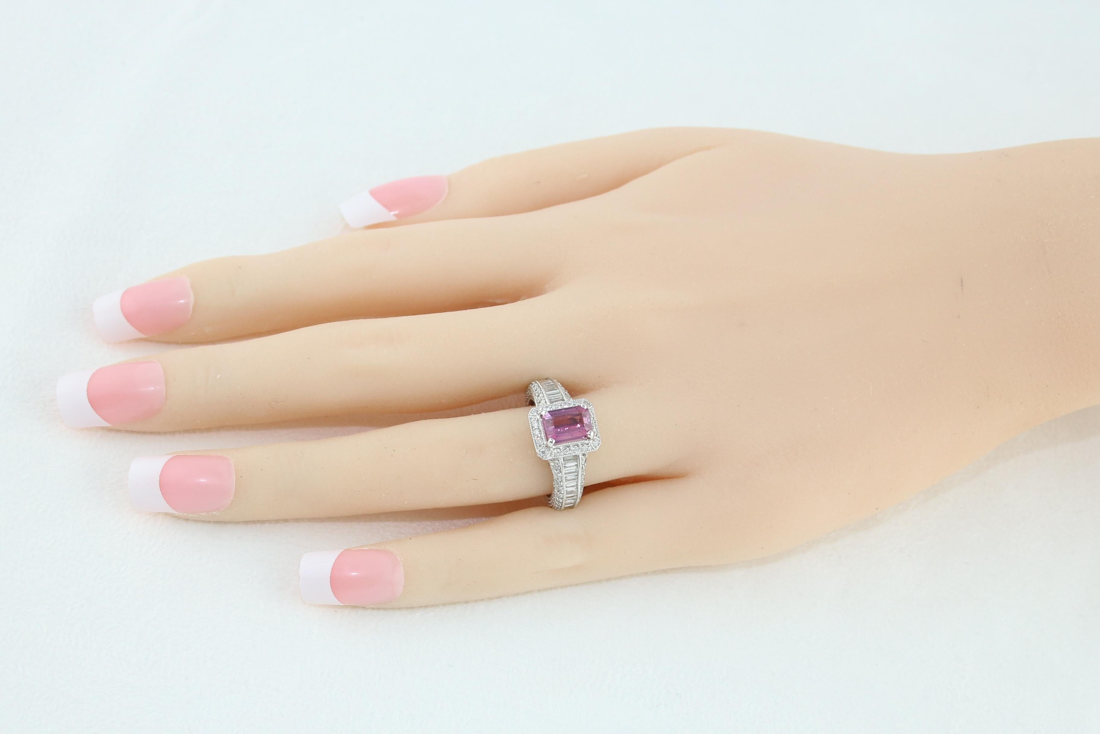 Emerald Cut Certified No Heat 1.55 Carat Step Cut Pink Sapphire Diamond Gold Milgrain Ring For Sale