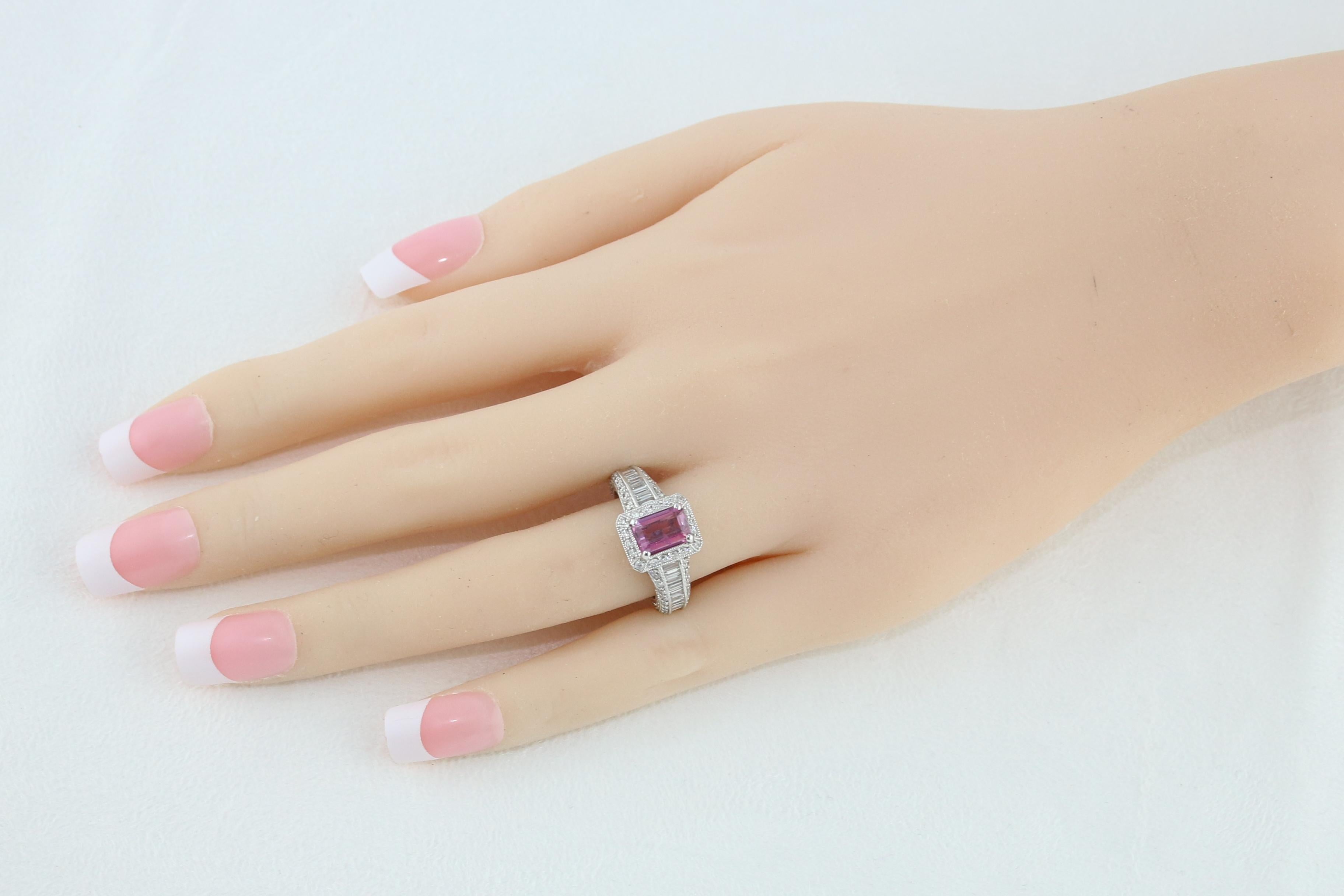 Certified No Heat 1.55 Carat Step Cut Pink Sapphire Diamond Gold Milgrain Ring In New Condition For Sale In New York, NY