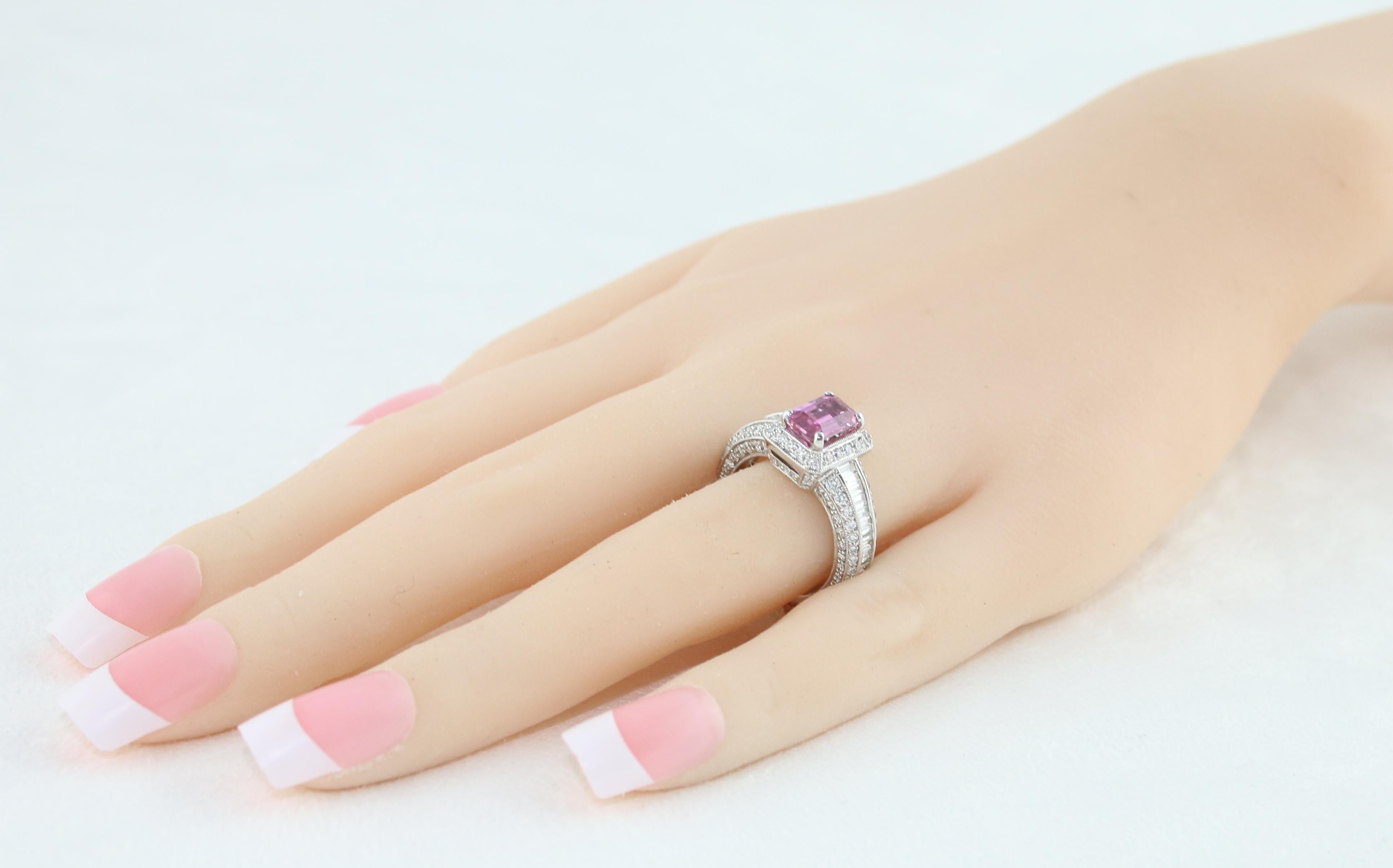 Women's Certified No Heat 1.55 Carat Step Cut Pink Sapphire Diamond Gold Milgrain Ring For Sale
