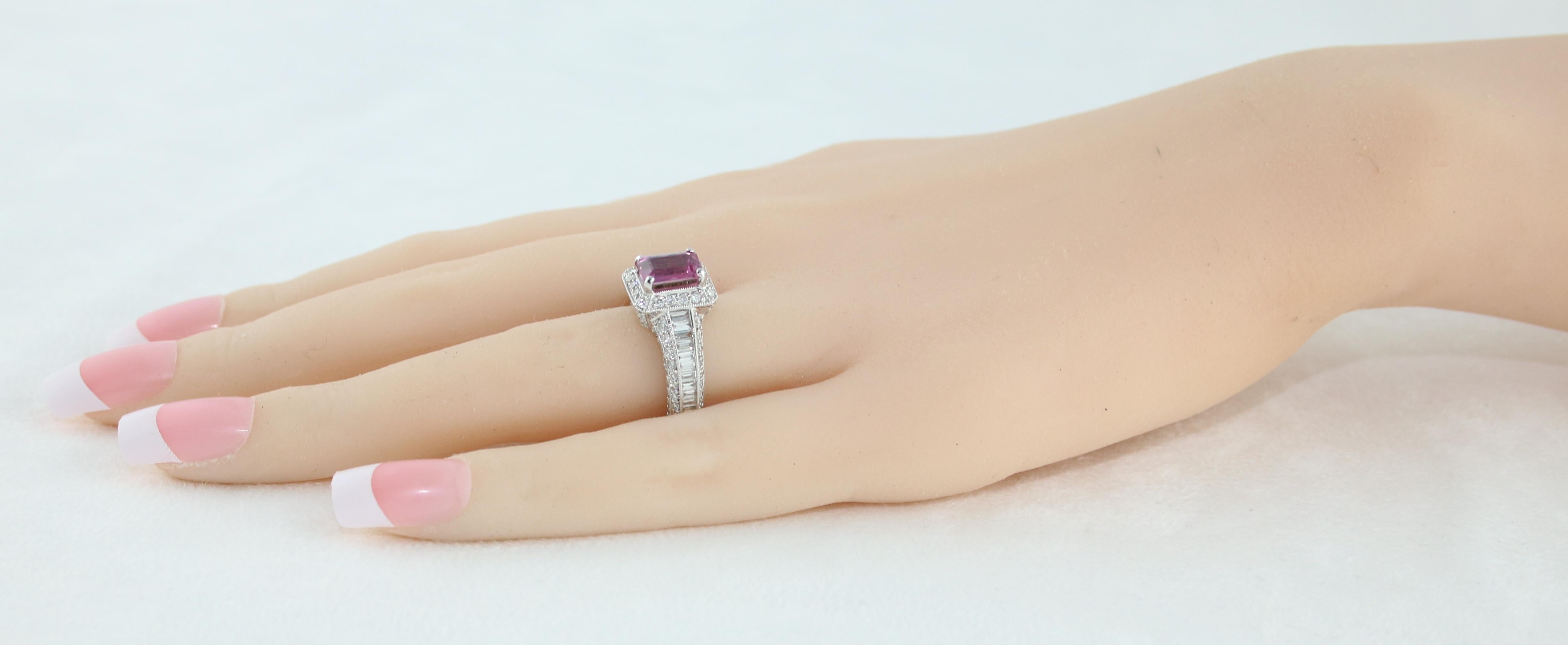 Certified No Heat 1.55 Carat Step Cut Pink Sapphire Diamond Gold Milgrain Ring For Sale 1