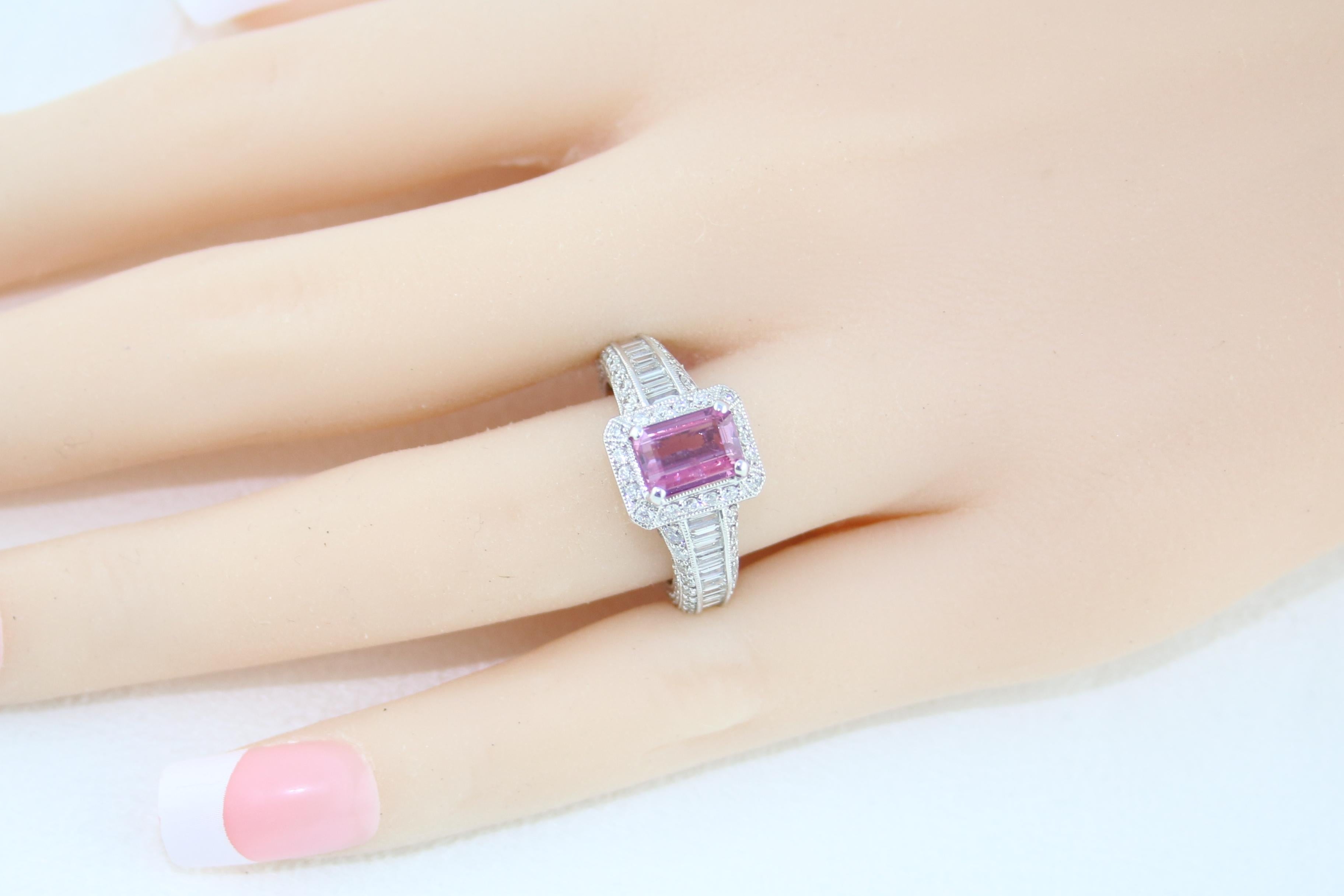 Certified No Heat 1.55 Carat Step Cut Pink Sapphire Diamond Gold Milgrain Ring For Sale 2