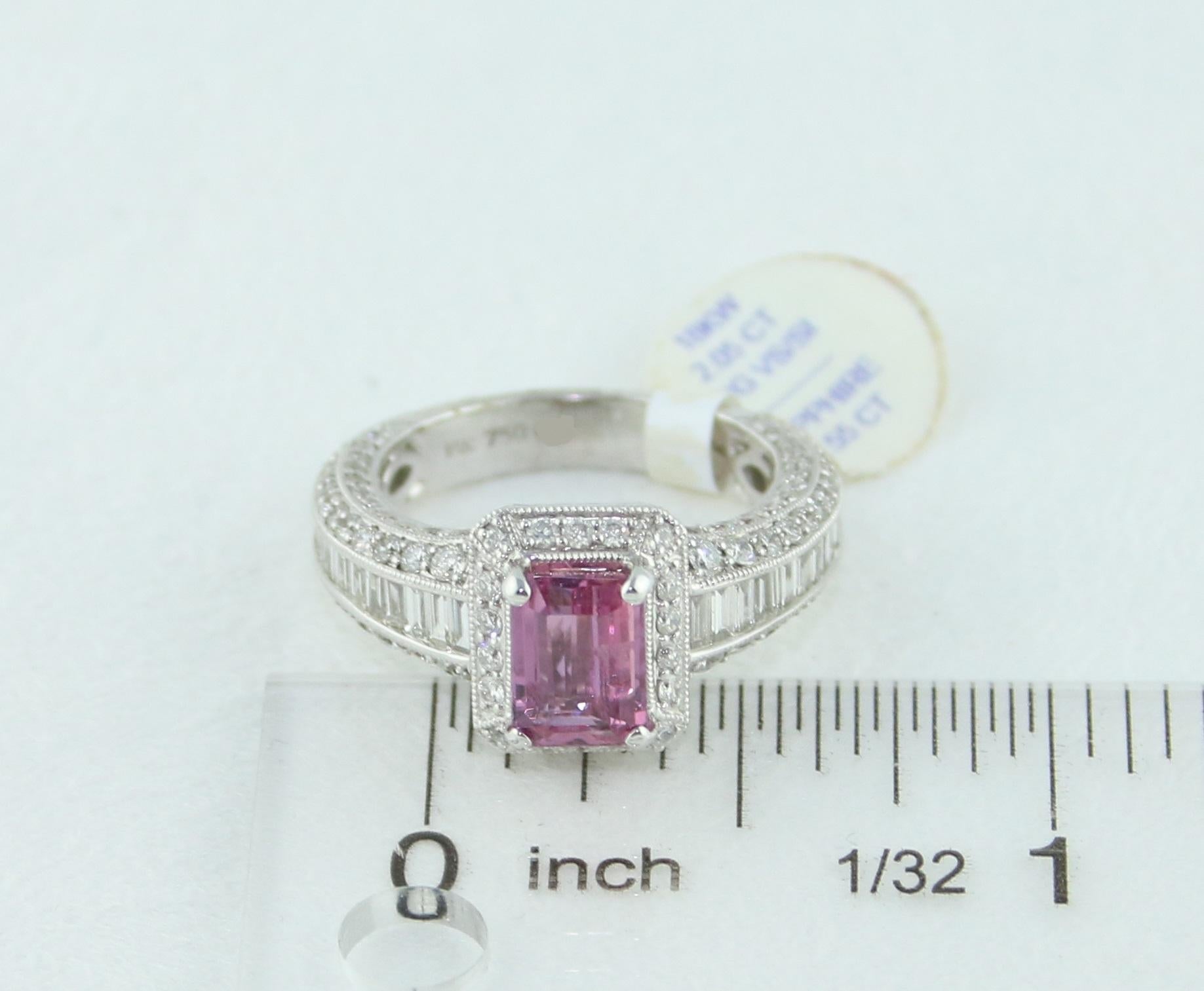 Certified No Heat 1.55 Carat Step Cut Pink Sapphire Diamond Gold Milgrain Ring For Sale 3