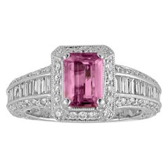 Certified No Heat 1.55 Carat Step Cut Pink Sapphire Diamond Gold Milgrain Ring