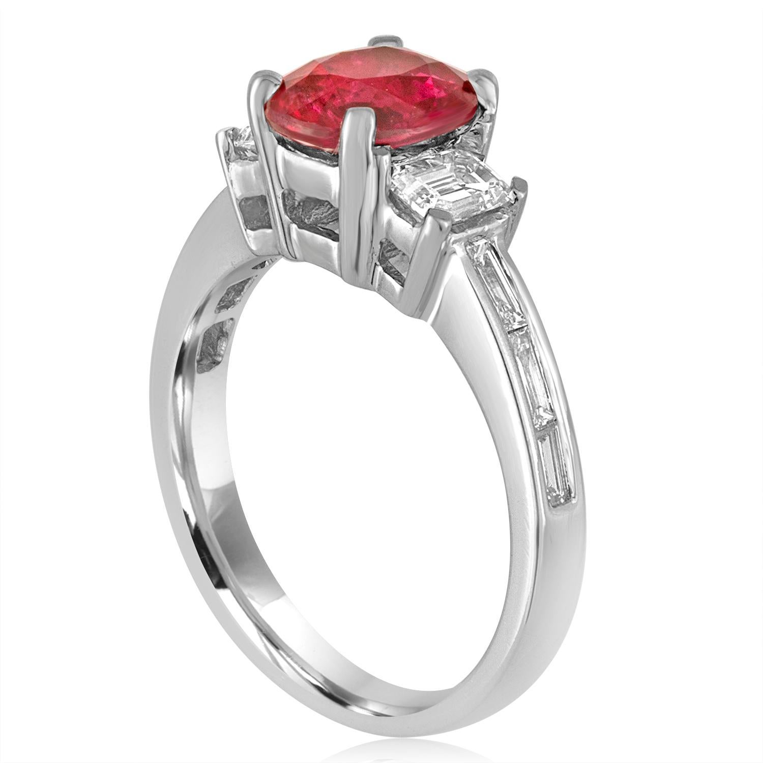 Beautiful Three-Stone Ring
The ring is 18K White Gold
There are 0.82 Carats in diamonds F/G VS/SI
The center is an Oval Red Ruby 2.01 Carats NO HEAT.
The Ruby is certified by LAPIS.
The ring is a size 6.5, sizable.
The ring weighs 5.8 grams
