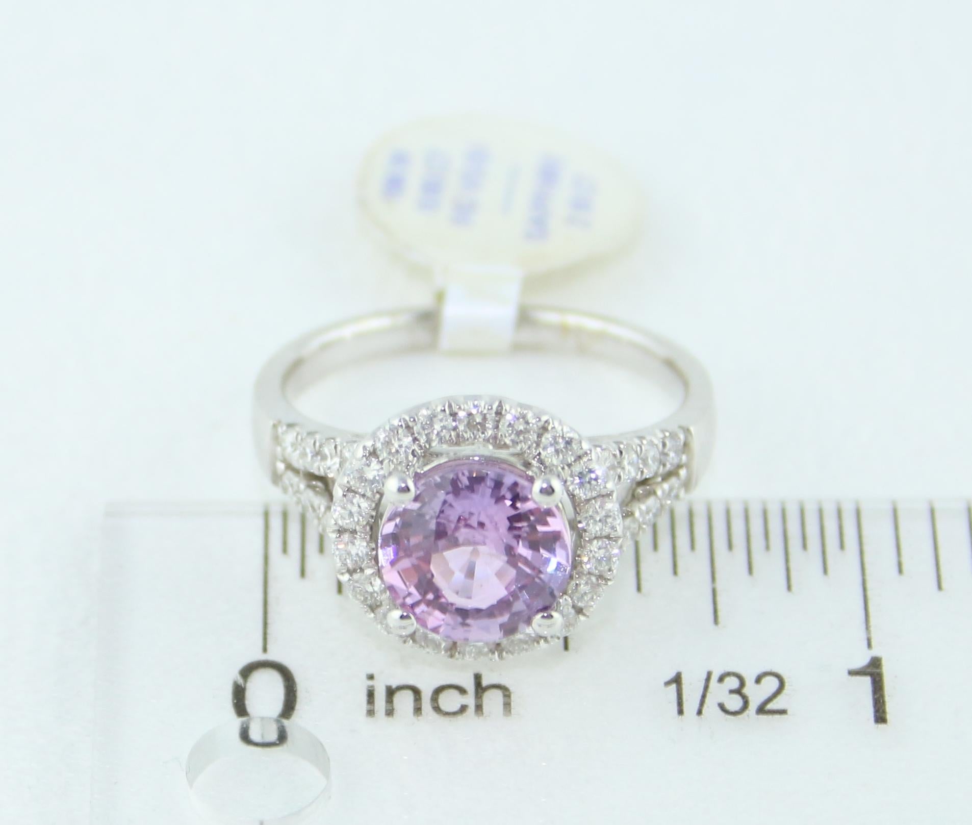 Certified No Heat 2.18 Carat Round Pink Sapphire Diamond Gold Ring For Sale 3