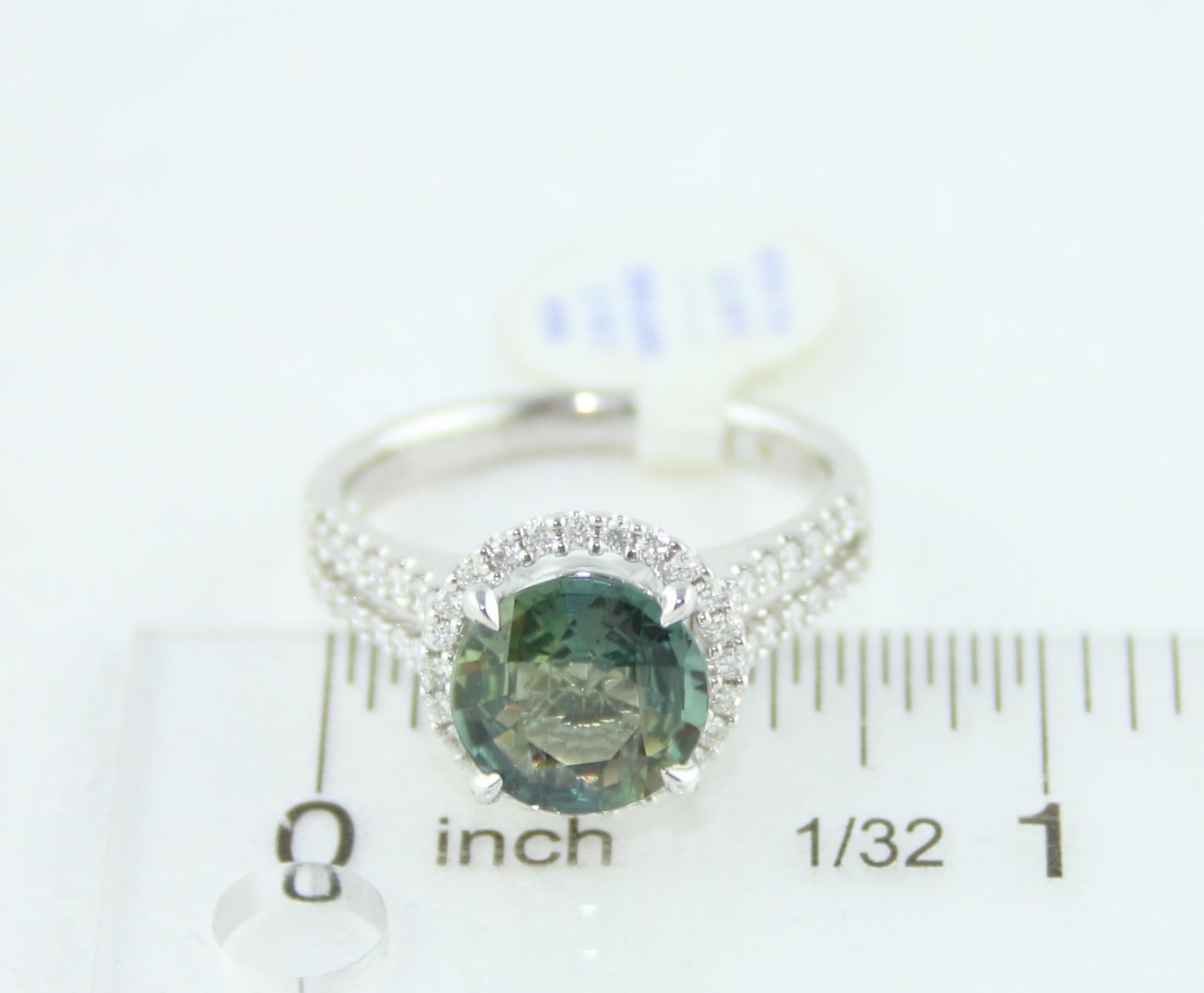 Certified No Heat 2.56 Carat Bluish Green Sapphire Diamond Gold Ring For Sale 1