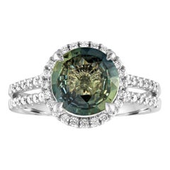 Bague en or avec diamants et saphir vert bleuté certifié sans chaleur de 2,56 carats